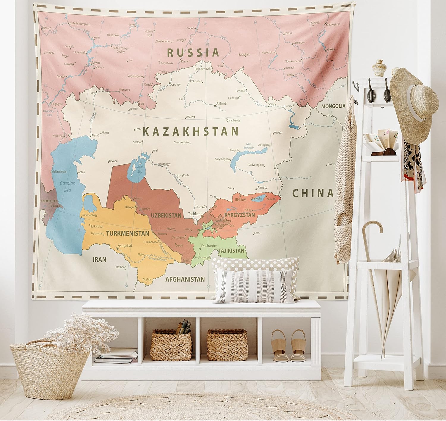 Lunarable Map Tapestry, Retro Central Asia Political Russia Kazakhstan Uzbekistan Turkmenistan Tajikistan, Fabric Wall Hanging Decor for Bedroom Living Room Dorm, 45" X 30", Powder Pink Beige