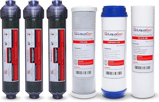 LiquaGen - 7 Stage RO/DI Yearly Replacement Filter Kit - Pre Filters with Inline Deionization - Stage 1,2,3,5,6 & 7 | Reverse Osmosis Water Purifier Set w/Deionizer Water Filter for Pure 0 TDS Water
