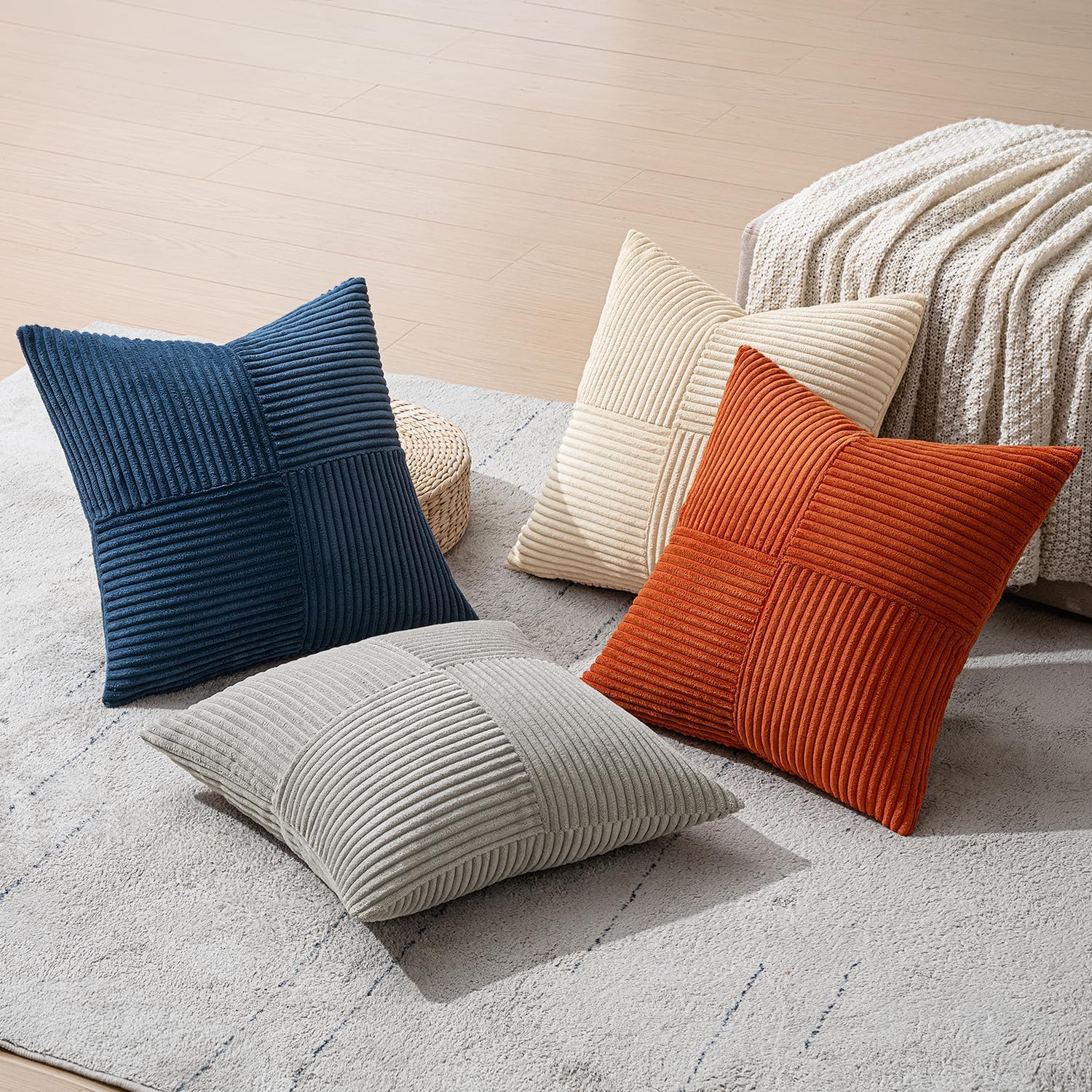 MIULEE Blue Rust Throw Pillow Covers 18x18 Inch Set of 4 Boho Farmhouse Cushion Cases Soft Corduroy Nordic Corduroy Pillow Cases Patchwork Home Decor for Couch Sofa Bedroom