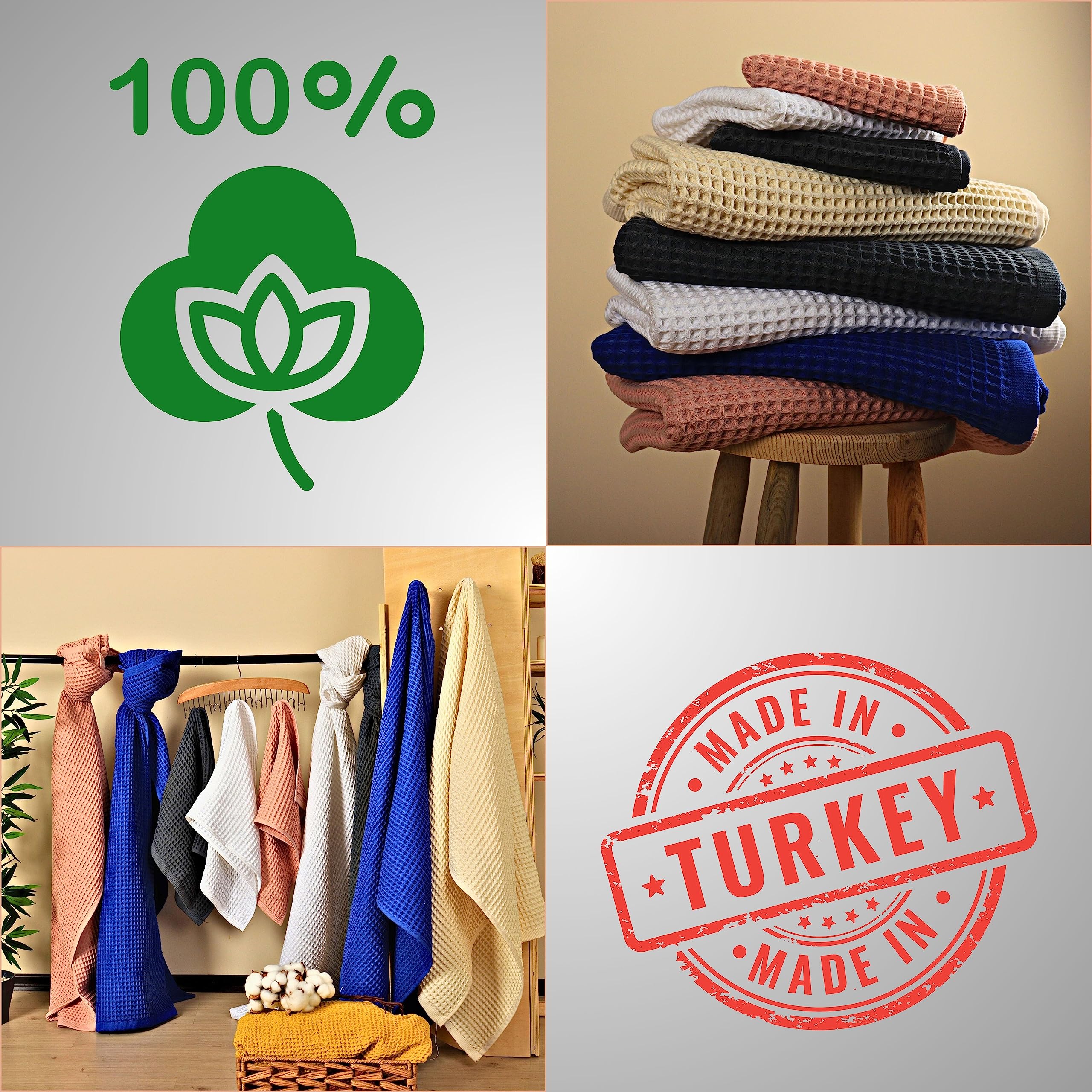 Püskül - 4 Pieces Waffle Towel Set for Bathroom - 2 Hand Towels - 2 Bath Towels - Premium%100 Turkish Cotton Waffle Weave (Pink)