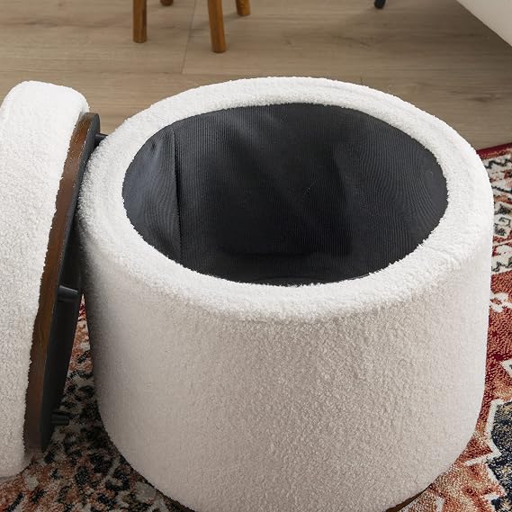Linon Lexington Natural Sherpa Round Storage Ottoman with Wood Accent
