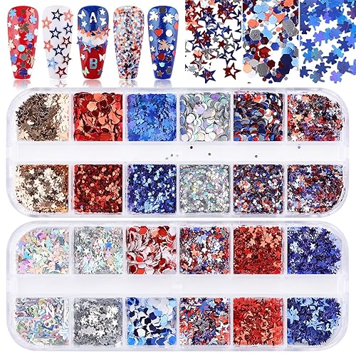 Independence Day Glitter Nail Sequins, Kalolary 4th of July Star