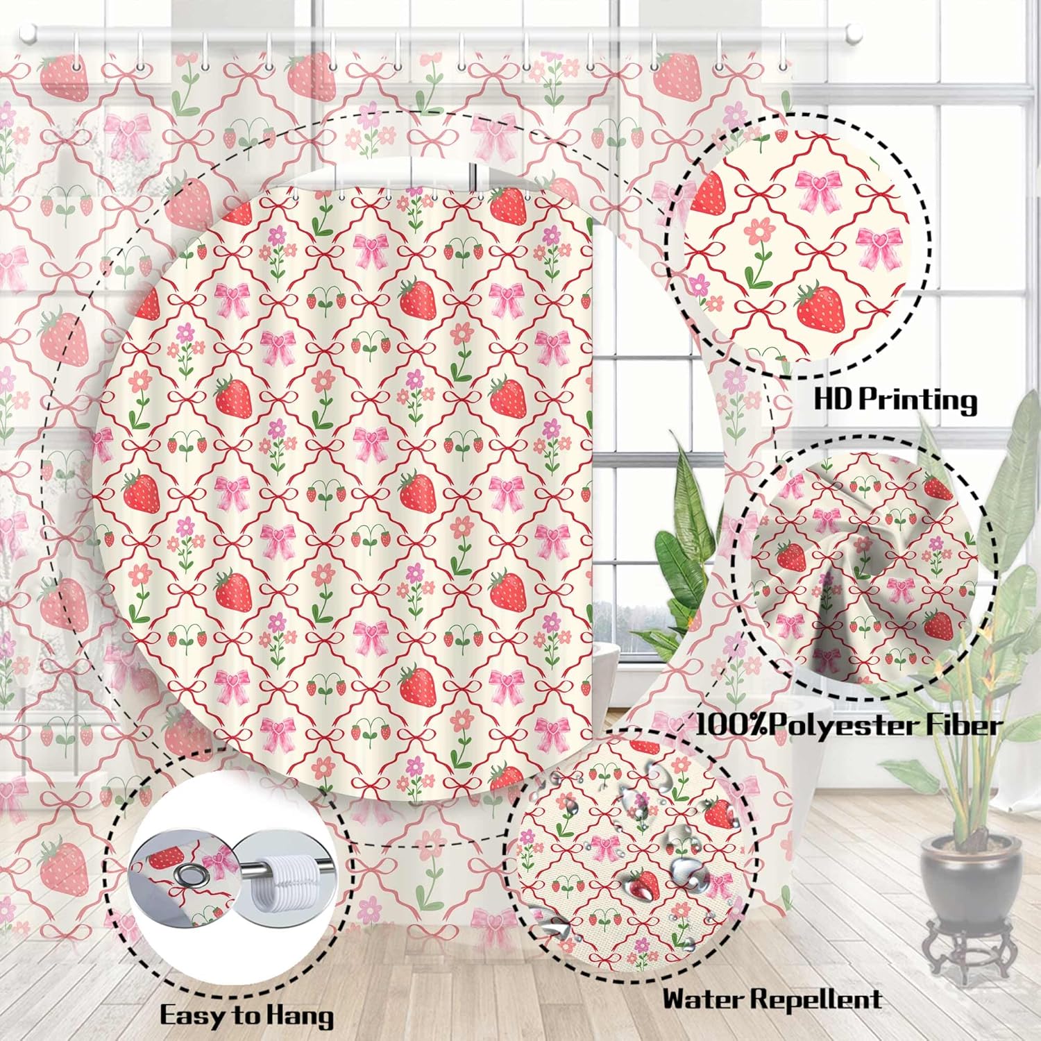 Cute Bow Strawberry Shower Curtain, Pink Bowknot Geometric Checkered Froal Bathroom Curtains, Girls Kids Teen Colorful Bathroom Accessories Decor Shower Curtain Set, 72X85IN