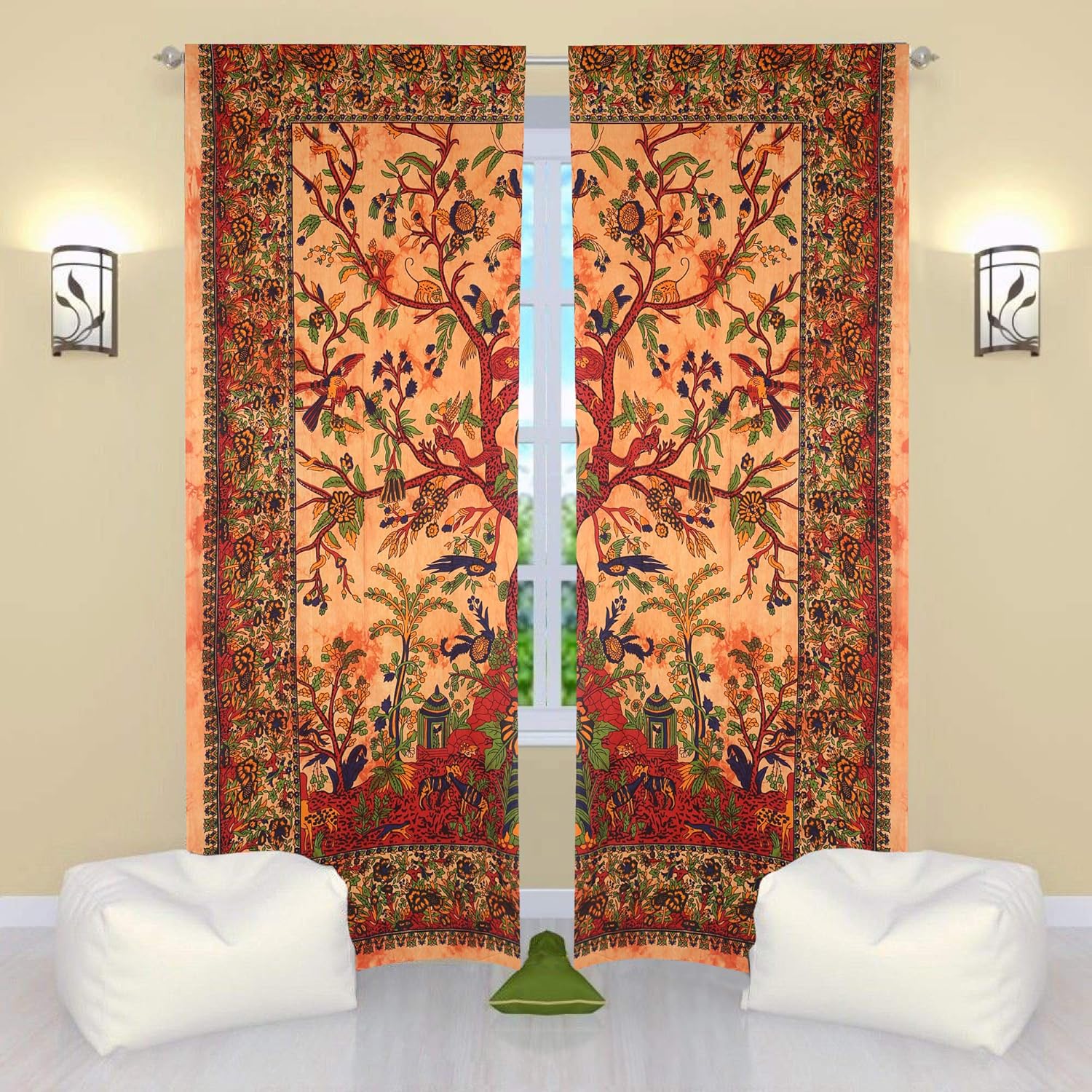 THE ART BOX Tapestry Curtains for Windows Forest Indian Bird Tapestry Window Door Cover Curtain Window Treatment 2 Panels for Living Room Bedroom Patio Door Kitchen (Yellow Tree 80x82 inches)