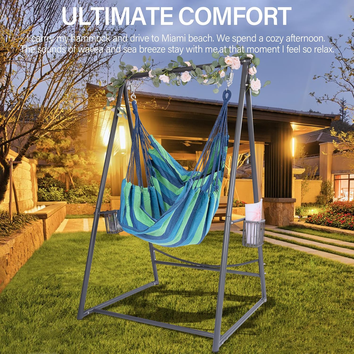 Hammock Chair Hanging Rope Swing & Stand Set with Two Holders, Heavy Duty Hanging Stand with Three Hooks, Multi-Use for Indoor Outdoor Patio Yard Garden(Grey & Blue)