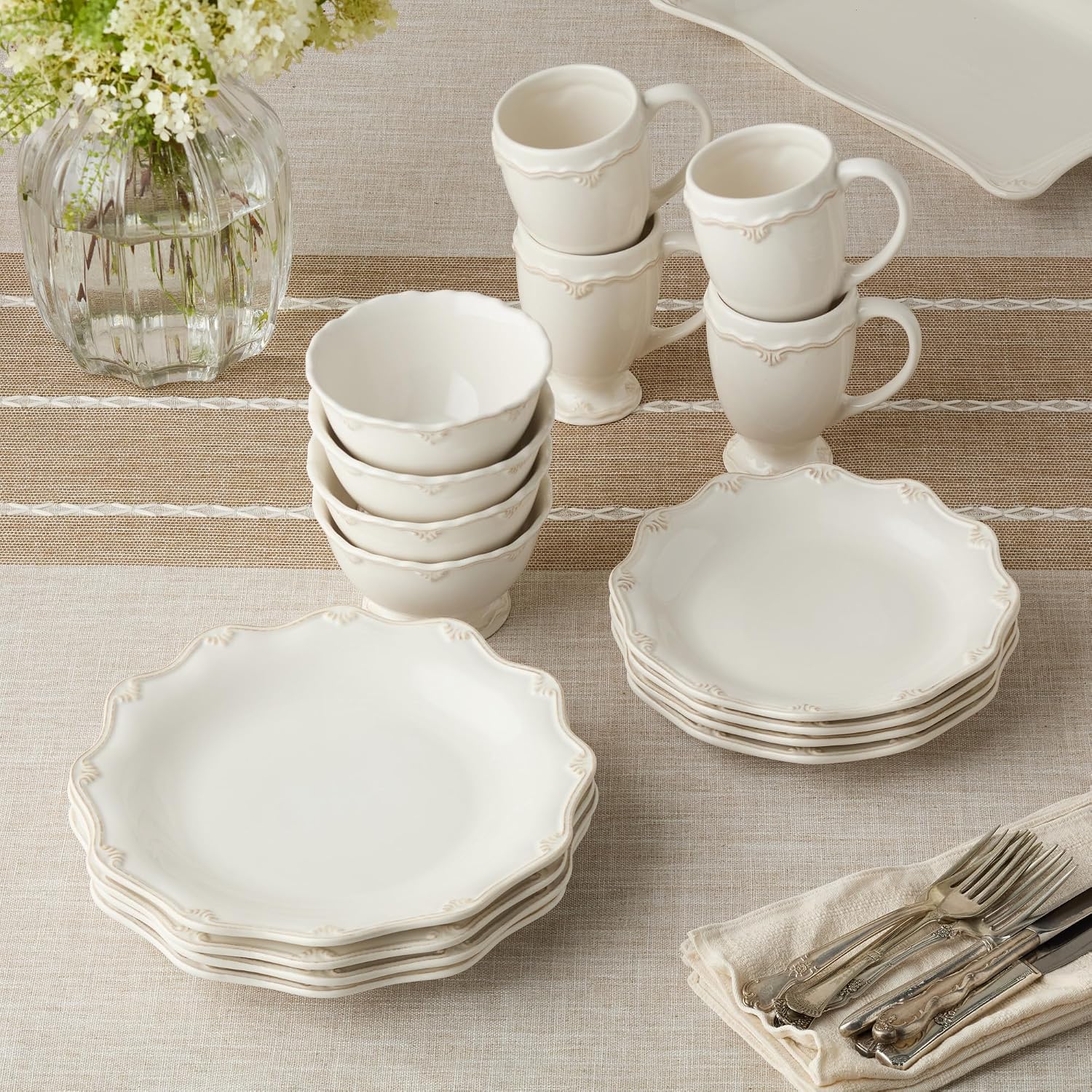 Heritage Scroll 9-Inch Salad Plates, Set of 4 – Elegant Ivory Stoneware with Sculpted Scroll Design & Scalloped Edge – Classic Accent Plates for Dining & Entertaining
