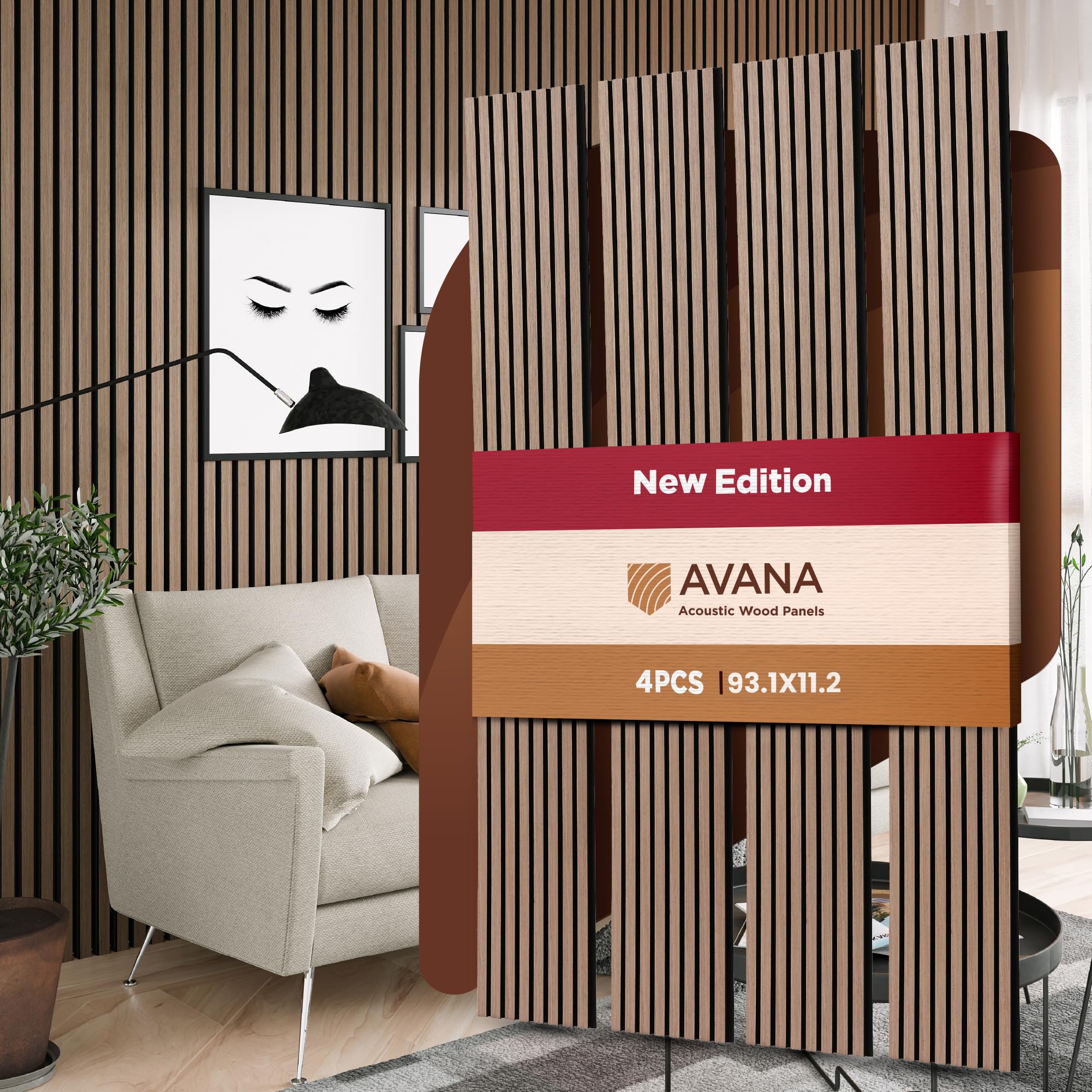Photo 1 of Avana Acoustic Wood Wall Panels – 93.2x11.25 Inch Panels – Fits 94x12 Layout – Smoke Walnut Acoustic Panels 4 PCs – Wall Panels for Interior Wall Decor for Homes, Offices – Wood Panels for Wall