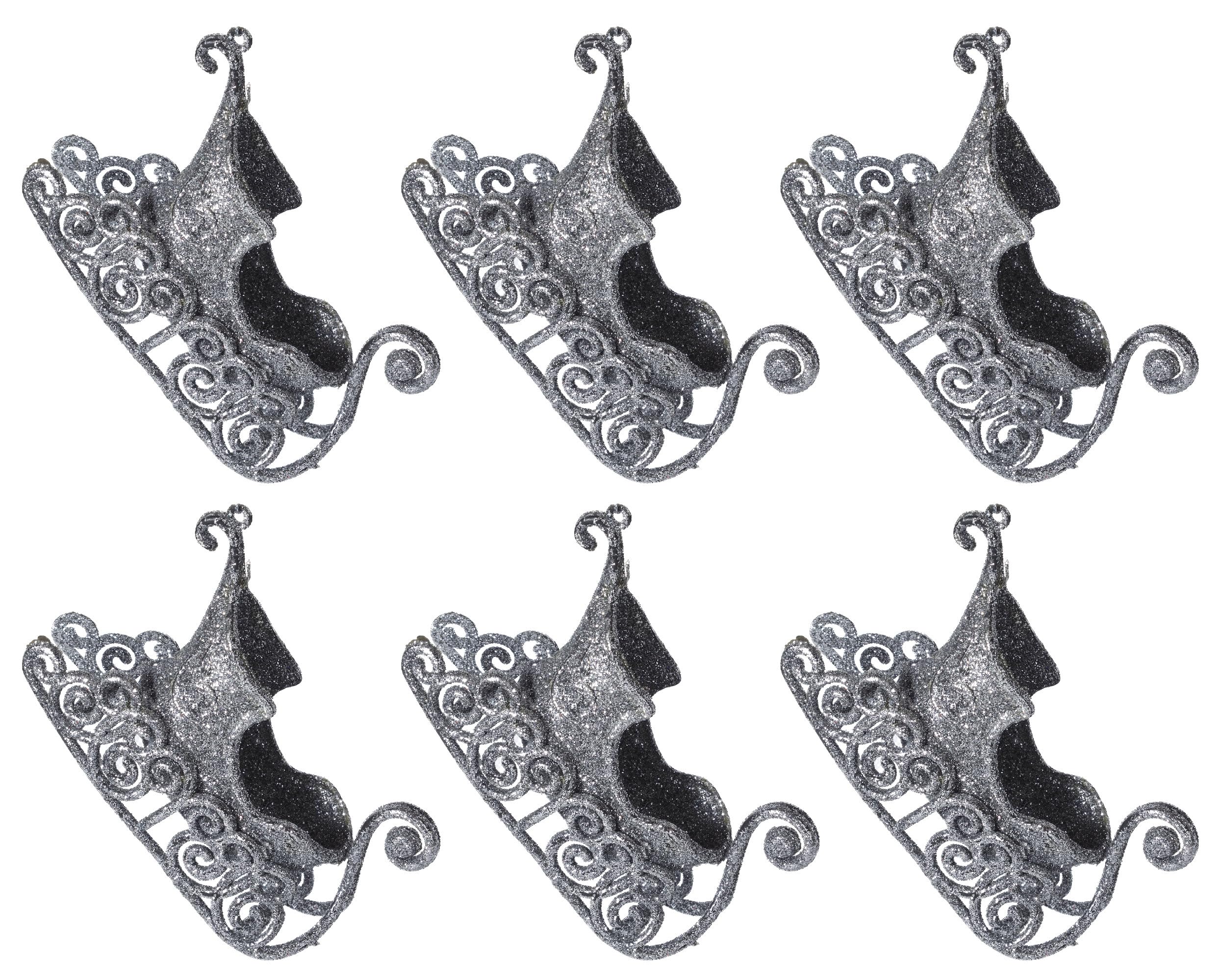 Glitter Santa Sleigh Christmas Tree Baubles Decorations - Silver - Set of 6