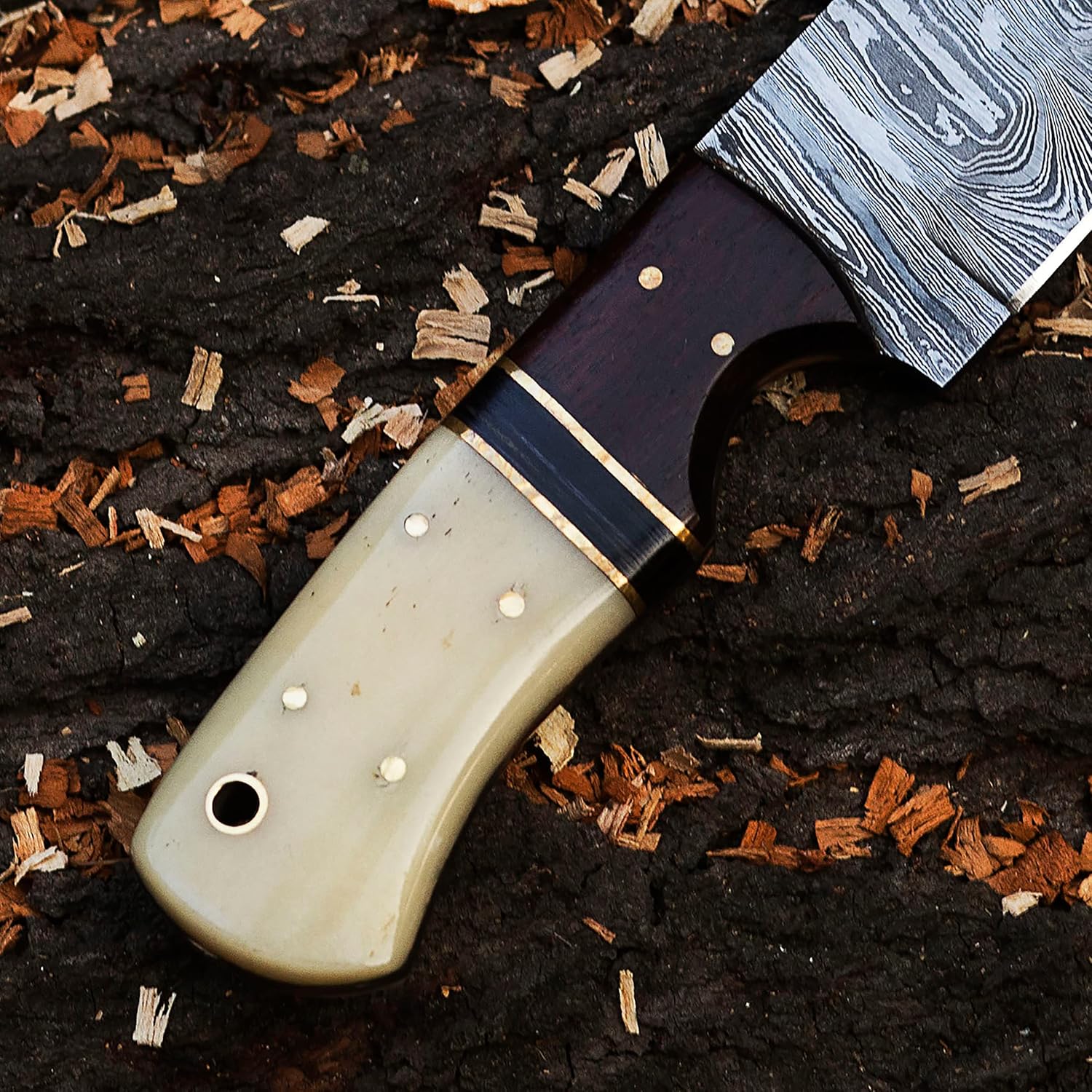 TAC KNIVES Custom Handmade Damascus Steel Knife - Beautiful | Camping, Survival knife for men - EDC Bushcraft Knife WITH LEATHR SHEATH (BONE)
