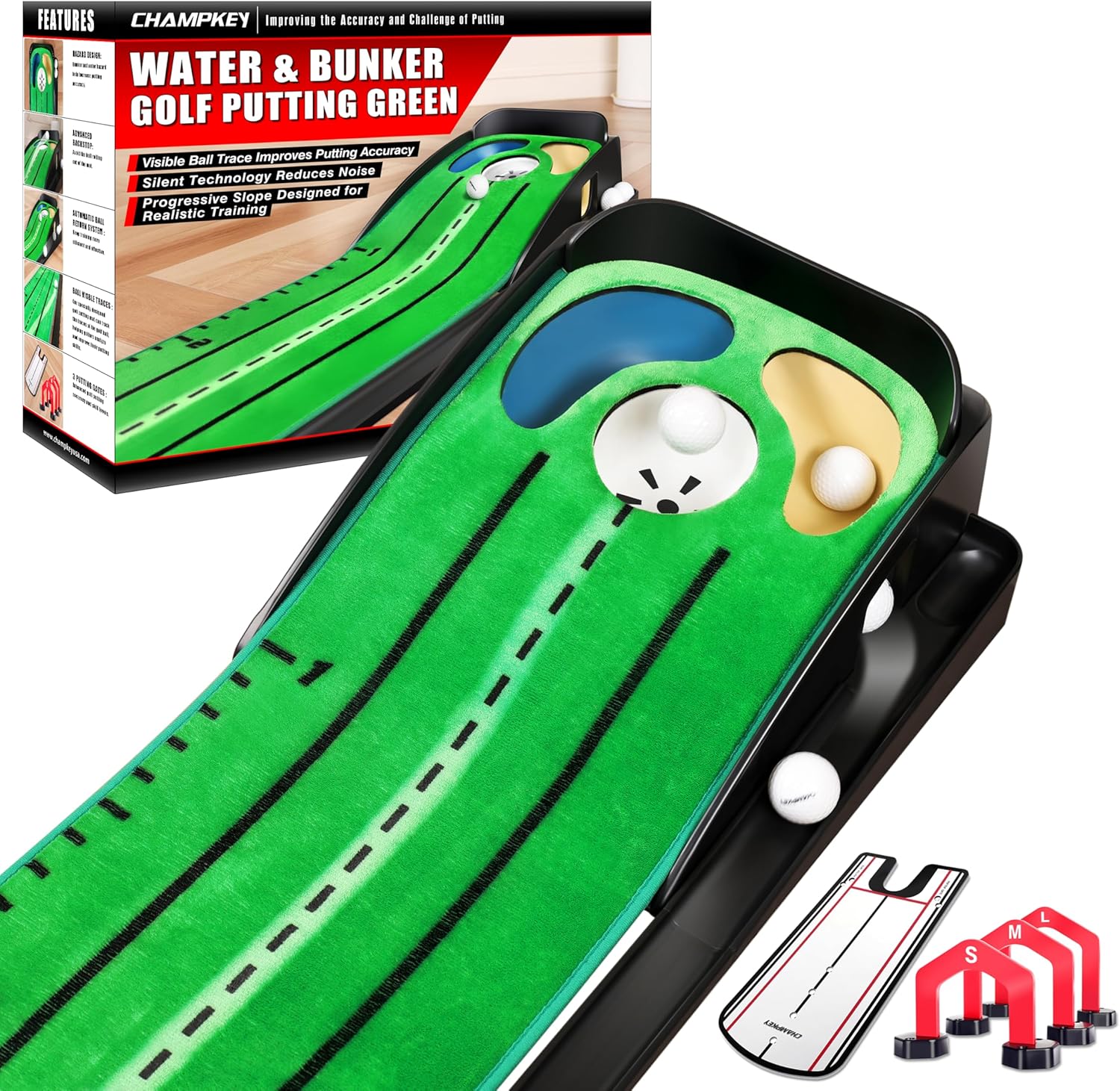 CHAMPKEY Professional Hazard Golf Putting Green Come with Golf Putting Gates and Putting Mirror - Progressive Slope Tech and Noise Reduction Tech Golf Putting Mat