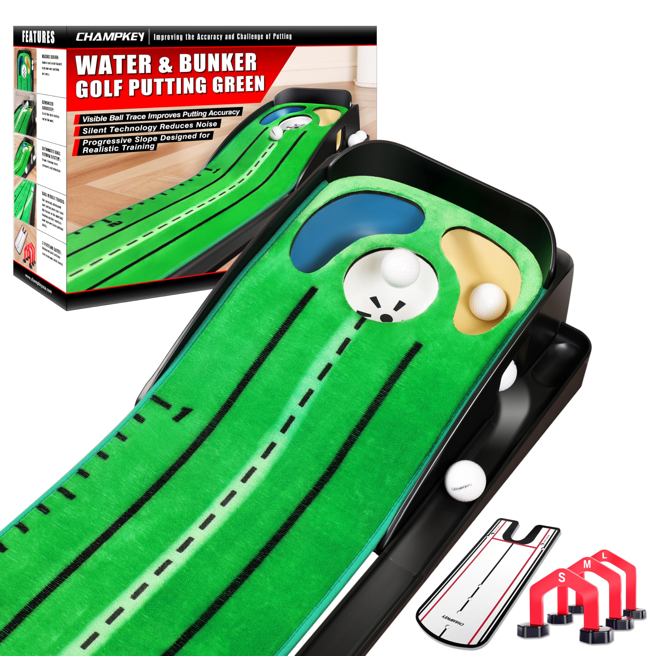 CHAMPKEY Professional Hazard Golf Putting Green Come with Golf Putting Gates and Putting Mirror - Progressive Slope Tech and Noise Reduction Tech Golf Putting Mat