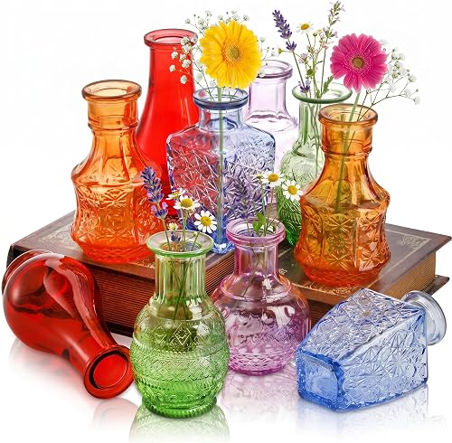 DEAYOU 10-Pack Glass Bud Vases for Decor, Small Vintage Flower Vases for Centerpieces, Crystal Colored Glass Single Bud Vase, Mini Rustic Vase Antique Tiny Floral Bottle for Table, Plants, Home