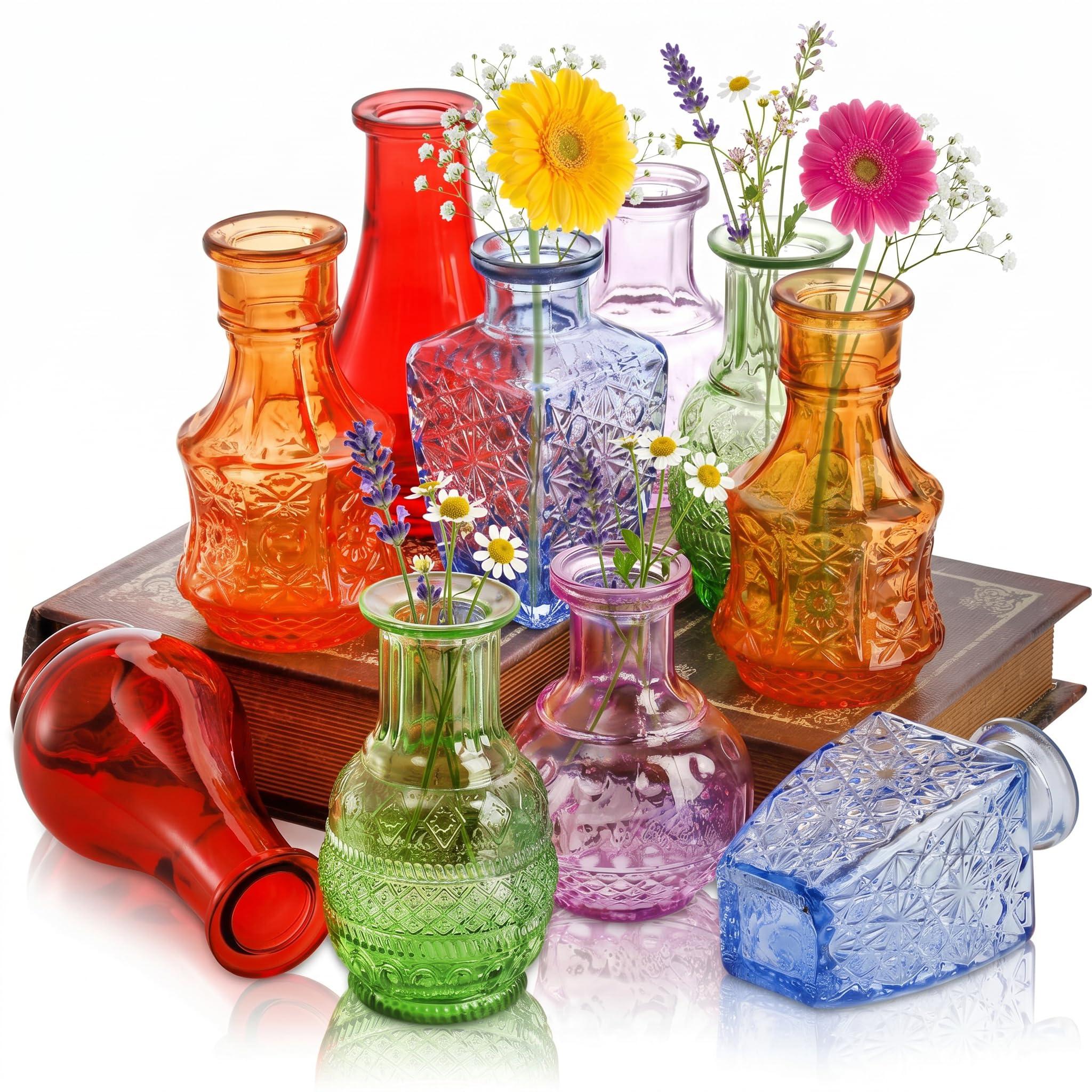DEAYOU 10-Pack Glass Bud Vases, Small Clear Flower Vase for Centerpiece, Mini Vintage Bottle, Colorful Living Single Bud, Petite Table Floral for Plants, Home Wedding Decor, Gift
