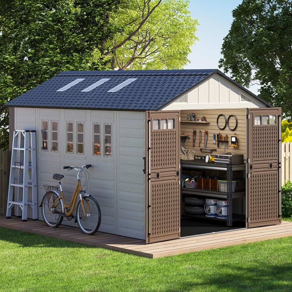 8x12 Ft Outdoor Storage Shed with Floor, Large Resin Outdoor Shed with Lockable Doors, 5 Fixed Windows & 6 Skylights, HDPE Garden Sheds for Backyard, Lawn Tools, Pool & Bike Supplies, Khaki