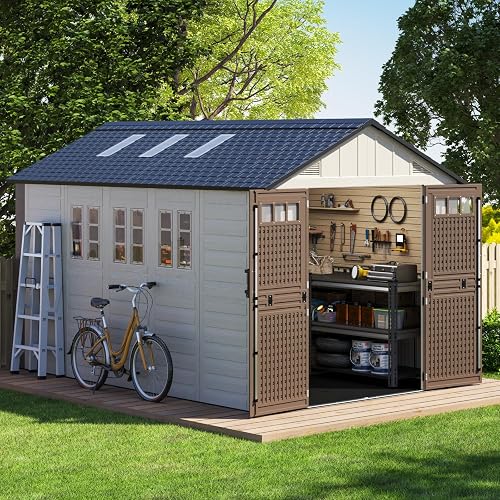 8x12 Ft Outdoor Storage Shed with Floor, Large Resin Outdoor Shed with Lockable Doors, 5 Fixed Windows & 6 Skylights, HDPE Garden Sheds for Backyard, Lawn Tools, Pool & Bike Supplies, Khaki