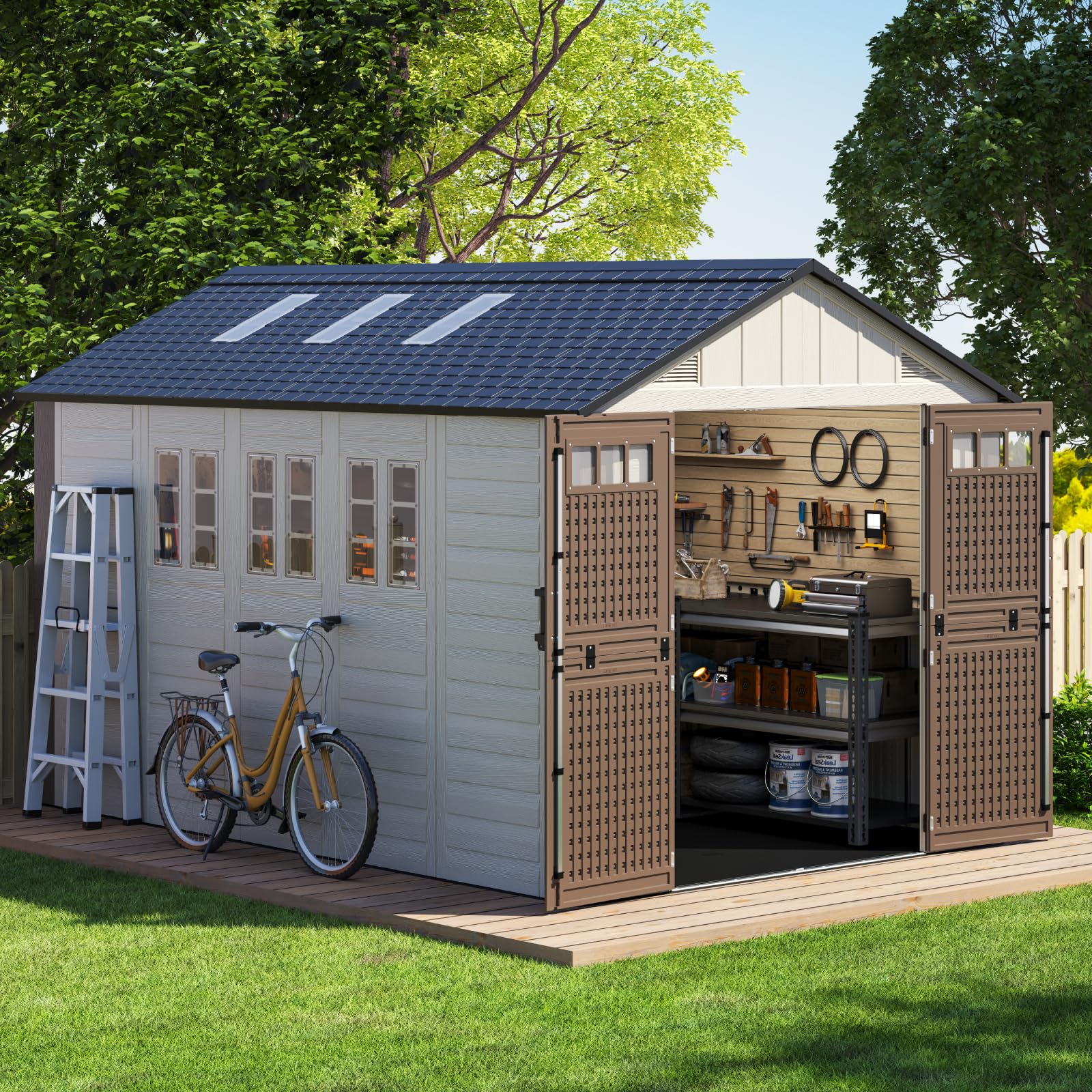8x12 Ft Outdoor Storage Shed with Floor, Large Resin Outdoor Shed with Lockable Doors, 5 Fixed Windows &amp; 6 Skylights, HDPE Garden Sheds for Backyard, Lawn Tools, Pool &amp; Bike Supplies, Khaki