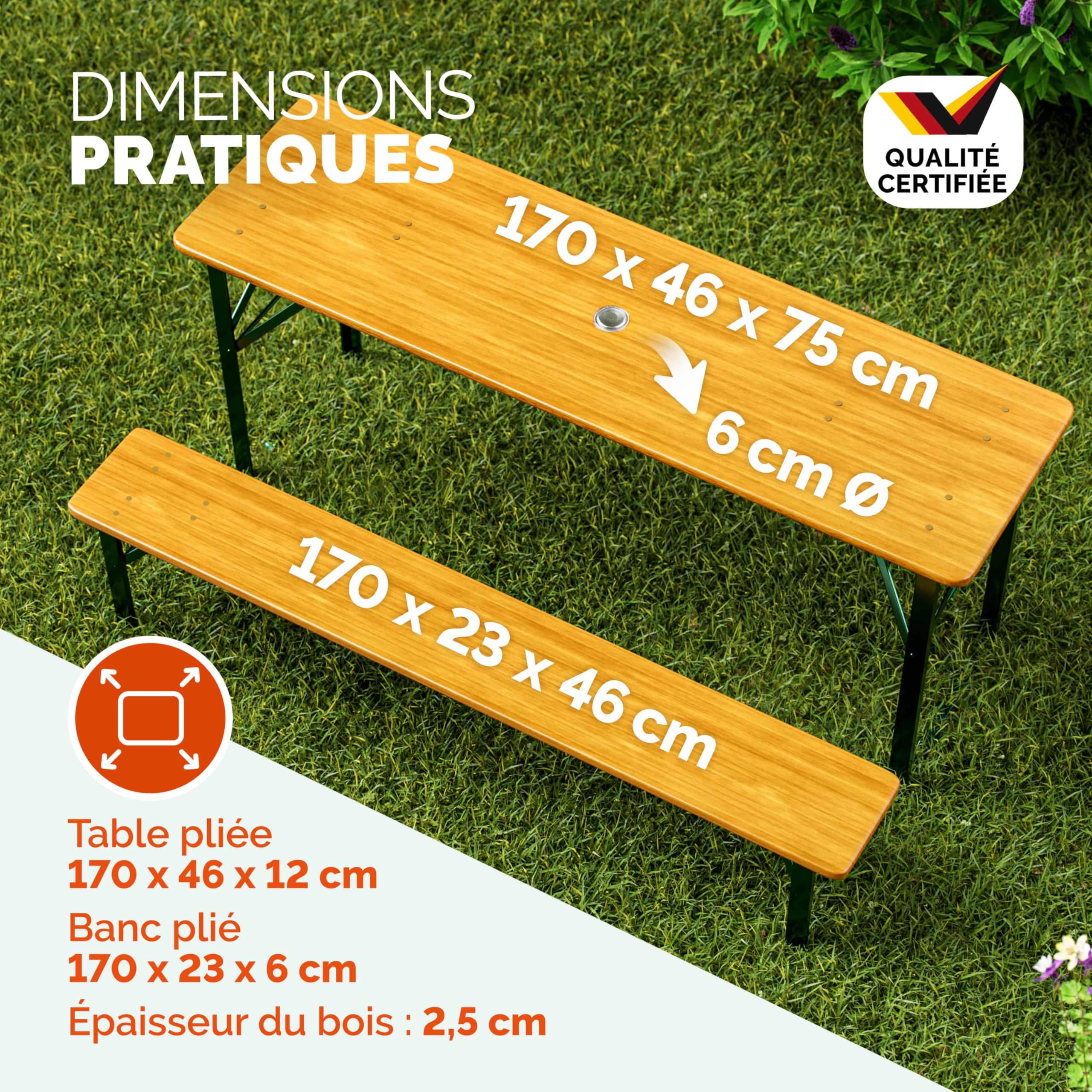 Casaria Ensemble Table et bancs en Bois de Brasserie 170x46x75cm Pliable Meubles de Jardin 3 pièces Support Parasol