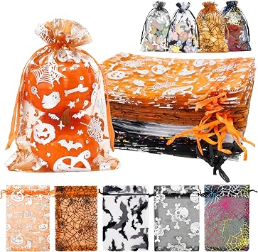 Halloween Organza Bags, 60PCS Halloween Drawstring Gift Bags, 4"x6" Halloweens Goodie Treat Bag, Small Mesh Bag Drawstring, Small Mesh Gift Pouches Jewelry Mini Candy Pouch for Halloweens Party Supply