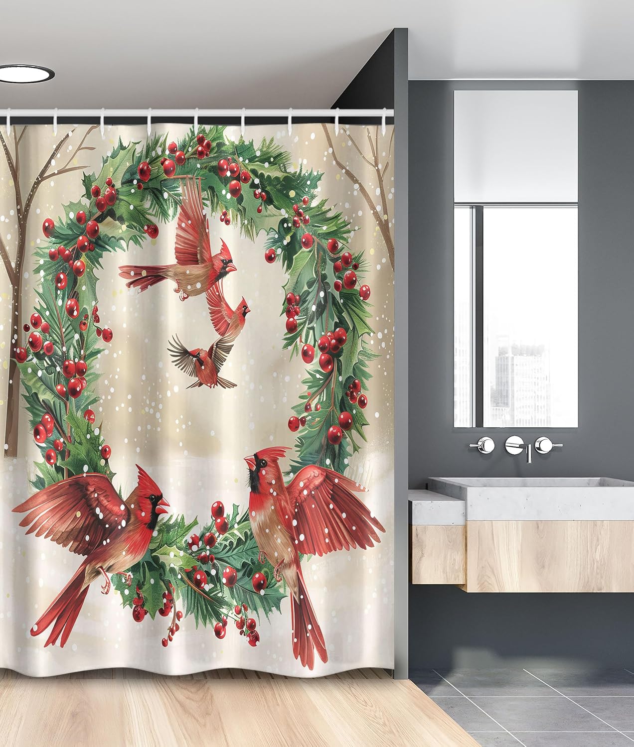 Ambesonne Christmas Stall Shower Curtain, Vintage Red Cardinal Birds and Xmas Wreath Ornate Snowy Visual, Fabric Bathroom Decor Set with Hooks, 54" W x 78" L, Dark Coral Green and Beige