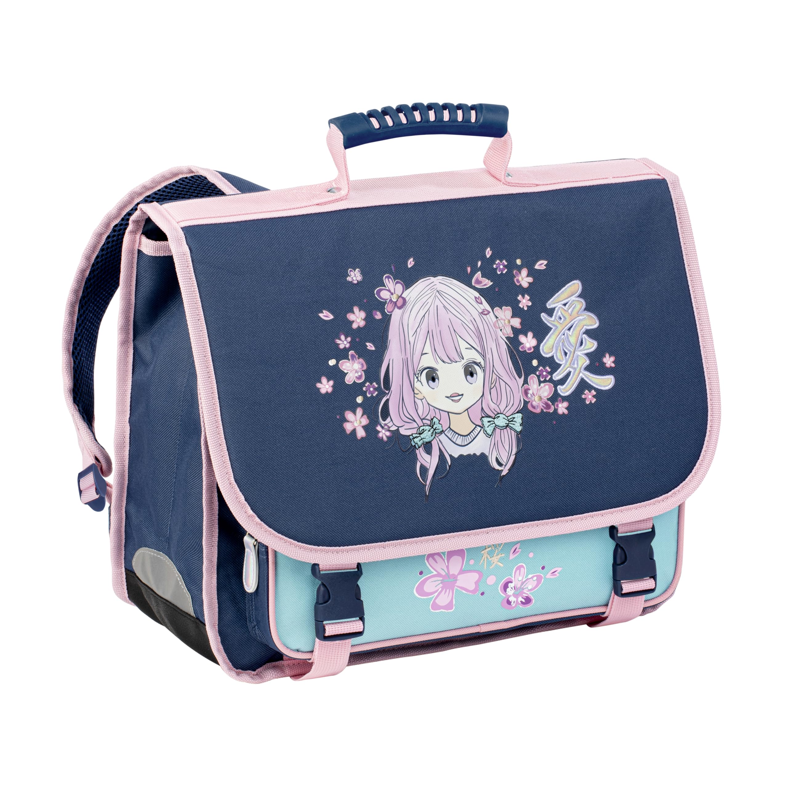 Viquel - Cartable primaire MANGA - Cartable fille 2 compartiments - Sac Scolaire Ergonomique avec Bandes réfléchissantes, Compartiments multiples - Bleu