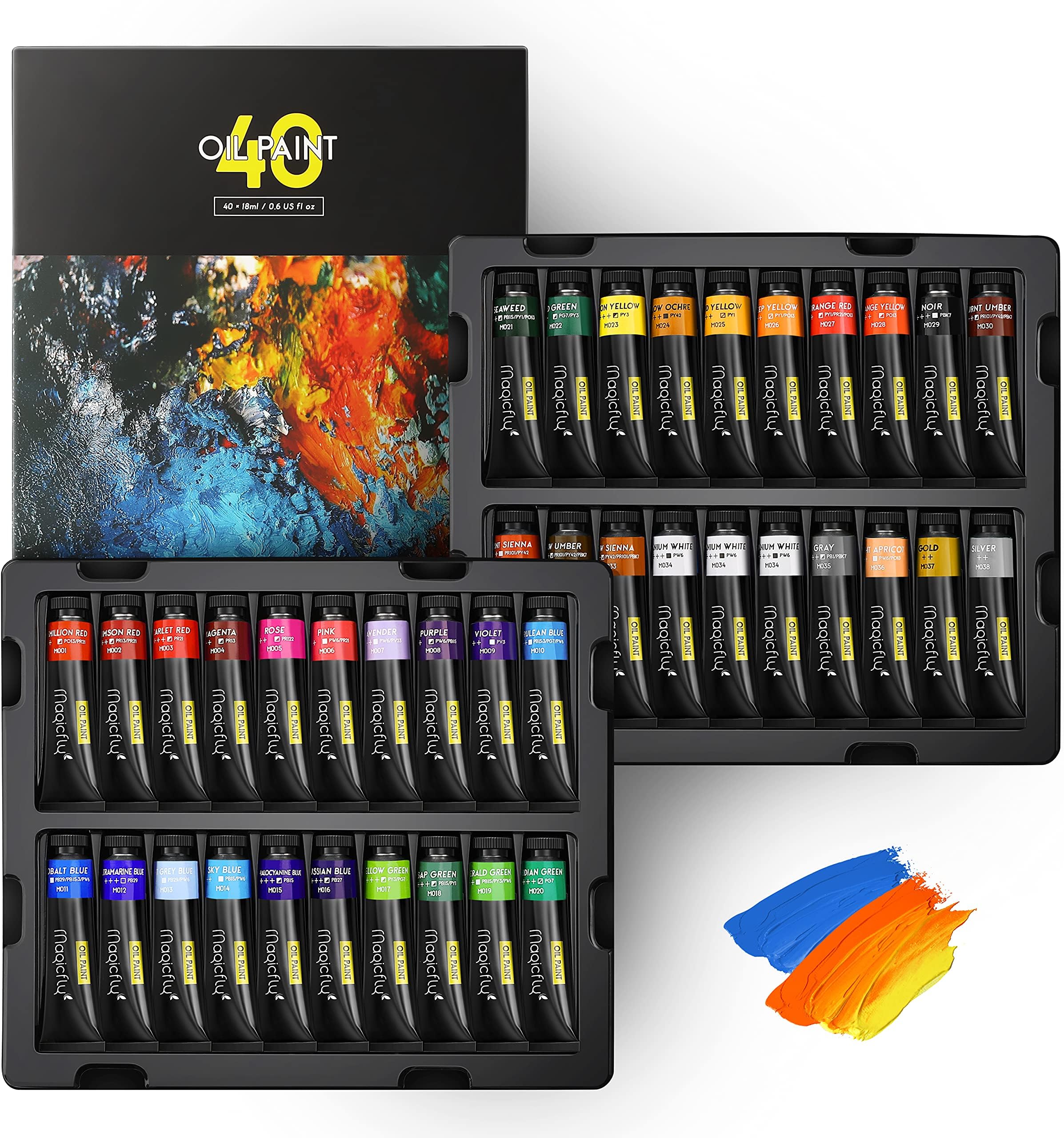 Magicfly Oil Paint, 40pcs (18ml/0.6oz) with Storage Box, Rich Pigments, Vibrant, Non Toxic Paints for Professional Artist, Hobby Painters & Kids, Ideal for Canvas Painting