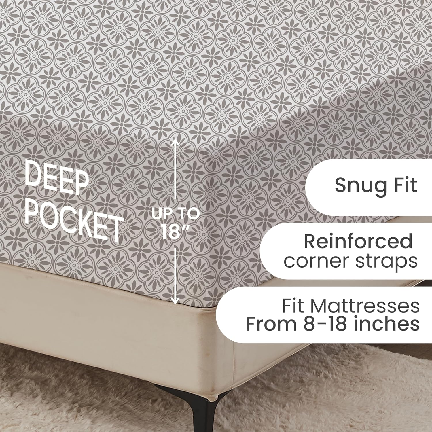 King Fitted Sheet Only,Microfiber Patterned Floral Fitted Sheet Deep Pocket 18 Inches, Ultra Soft & Wrinkle Resistant King Fitted Sheet Deep Pocket,Grey Vintage Floral