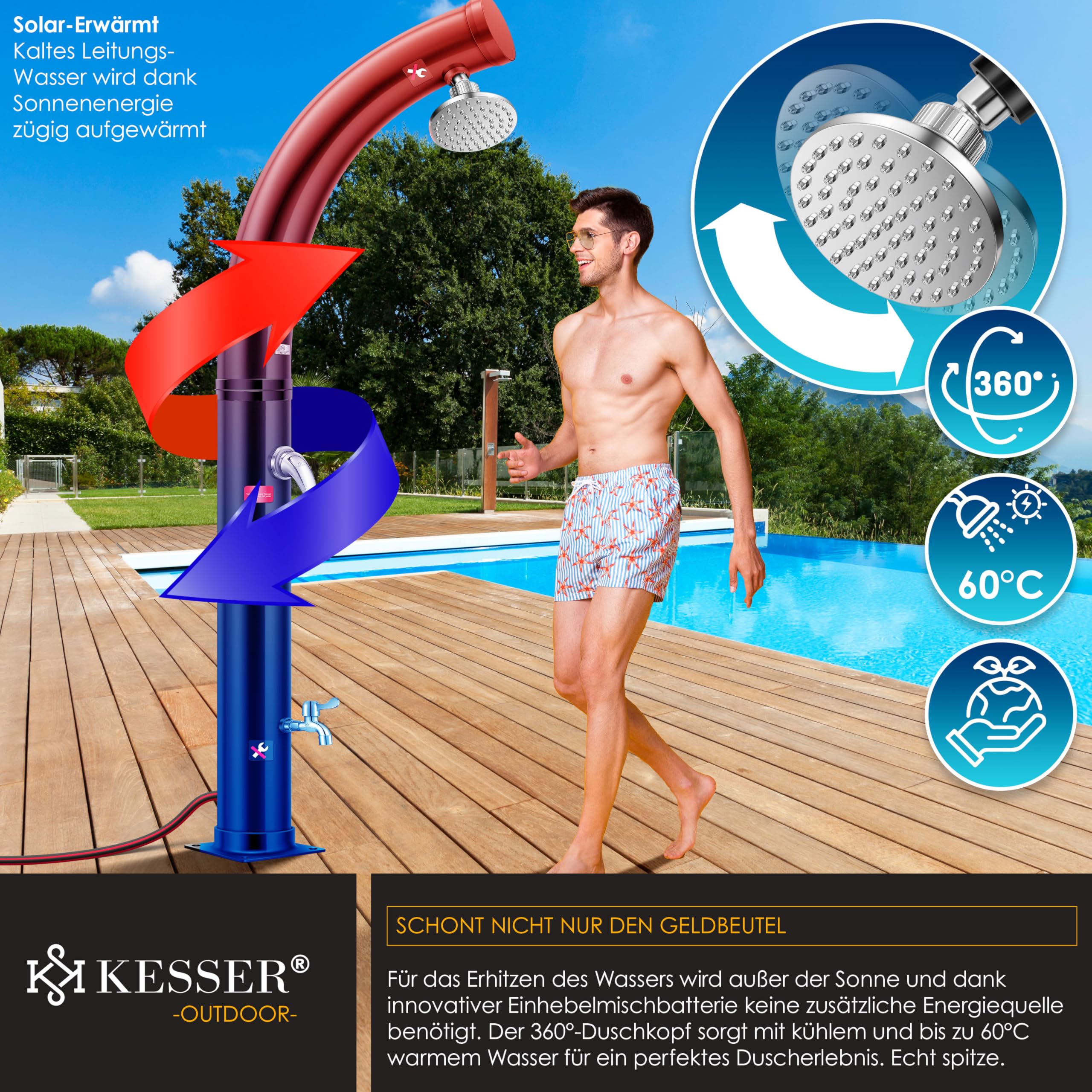 KESSER® Douche Solaire Courbe de Jardin | Housse de Protection | Eau Chaude 35L | Max 60°C | Sans Raccordement Électrique | Pour Piscine et Camping