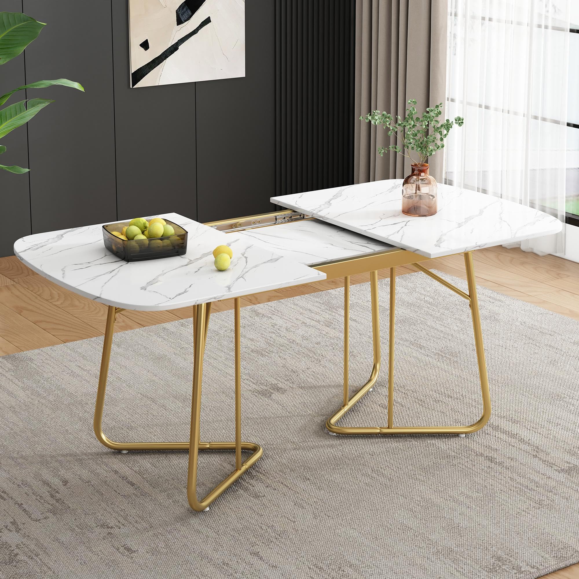Bladez Tavolo da pranzo ovale allungabile per 6-8 persone 140-180 cm, lusso effetto marmo e gambe dorate, tavolo da cucina moderno bianco, piano in MDF (Bianco)