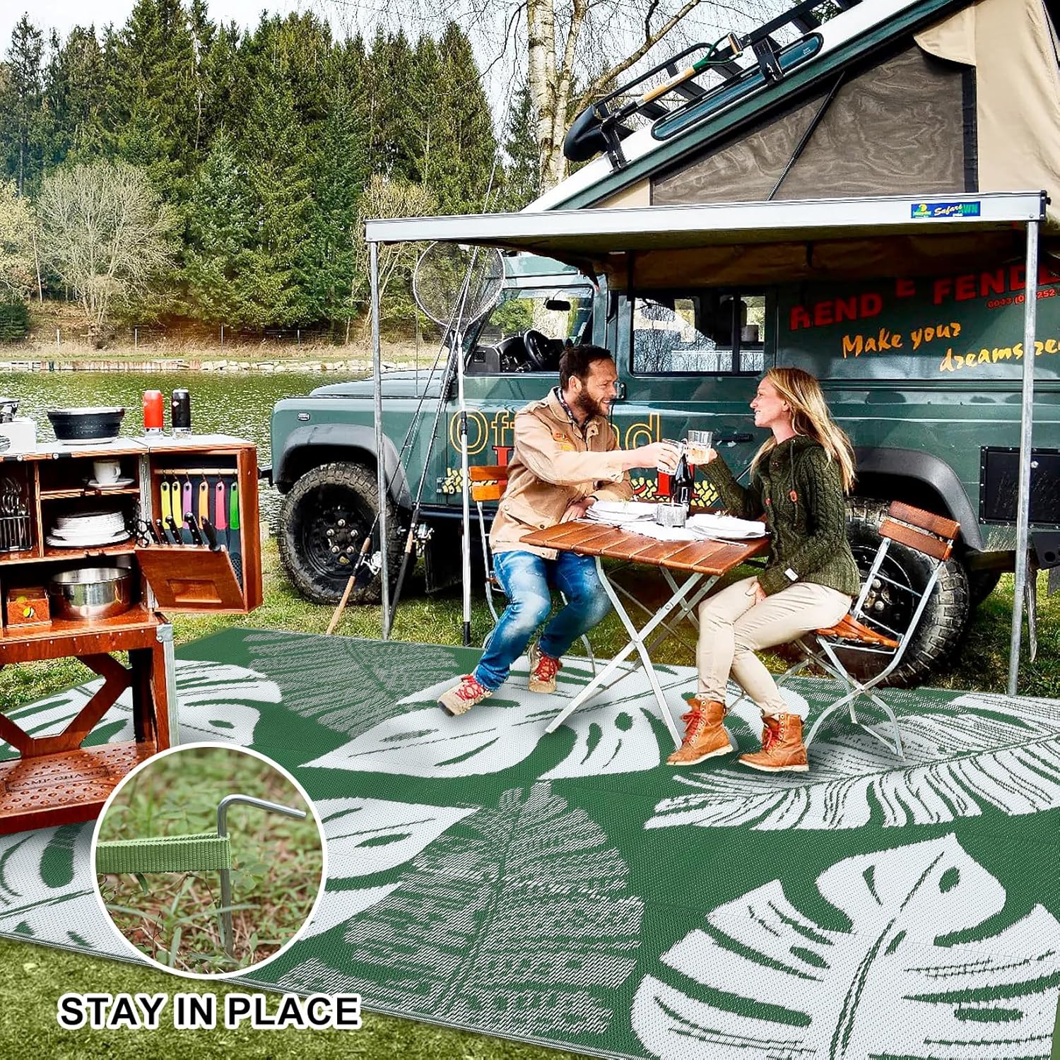 Garvee Outdoor Patio Rug 8x10 Waterproof Reversible Mat Leaf Tropical Porch Rug with 4 Stakes and Starage Bag Portable Outdoor Plastic Straw Rugs for Camping Deck Rv Balcony Backyard Beach, Green