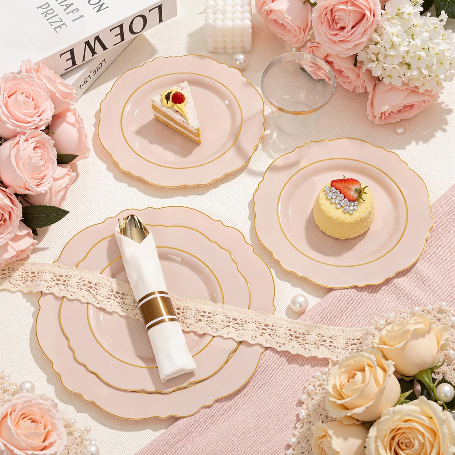 Liacere 350PCS Pink Plates Disposable-PinK Plates 50guest Baroque Plastic Dinnerware include 100Plates, 50Pack Pre Rolled Napkins with Silverware 50Cups Perfect for Wedding ＆ Easter Day