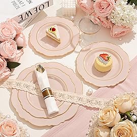 Liacere 350PCS Pink Plates Disposable - Pink and Gold Plates 50guest Baroque Plastic Dinnerware include 100Plates, 50Pack Pre Rolled Napkins with Silverware 50Cups Perfect for Valentine\'s Day