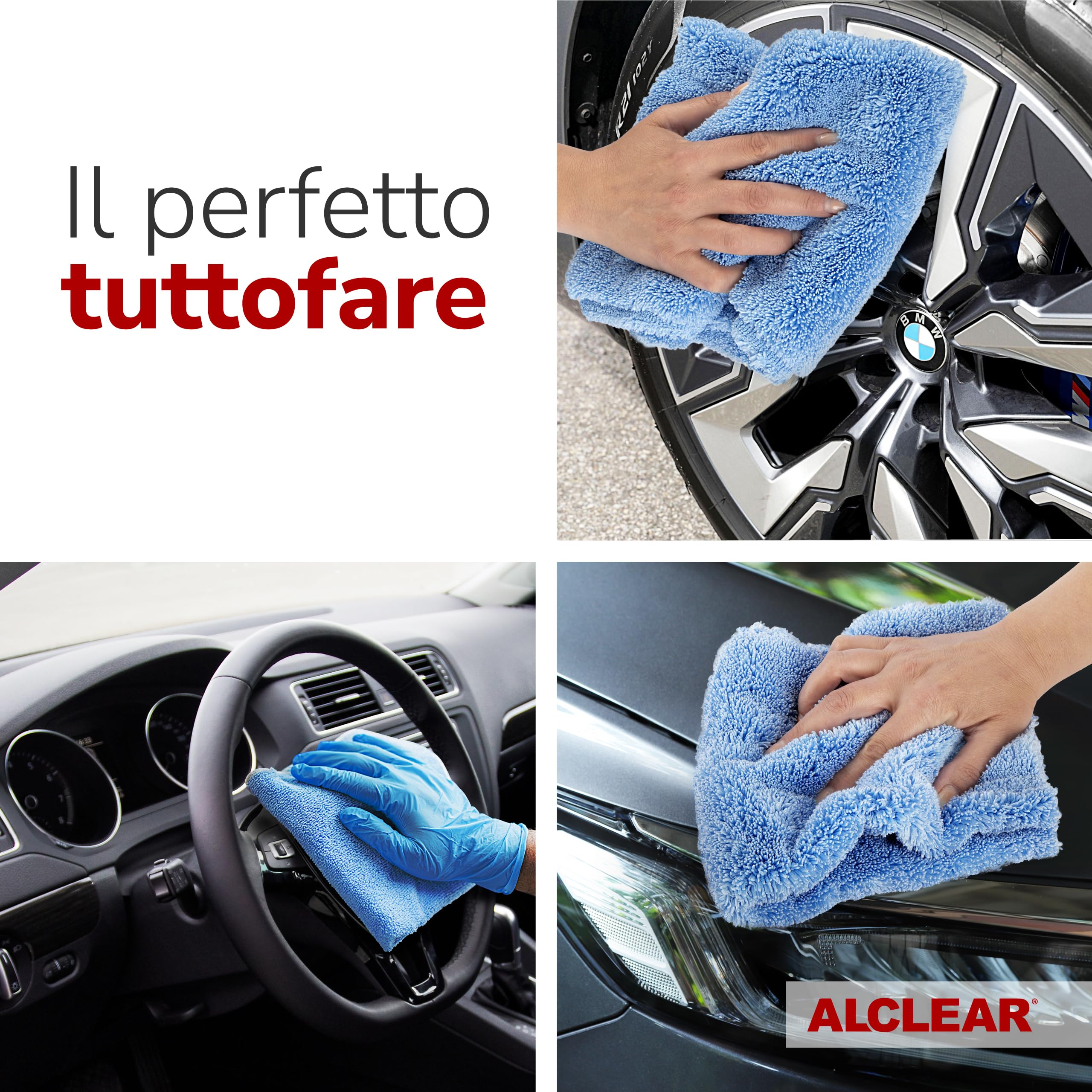 ALCLEAR 820203U_3 set 3 panni microfibra auto 40x40 cm – doppio lato per lucidatura e pulizia – morbidi, taglio ultrasuoni, senza graffi – per vernice, vetro, cerchi, interni – qualità premium