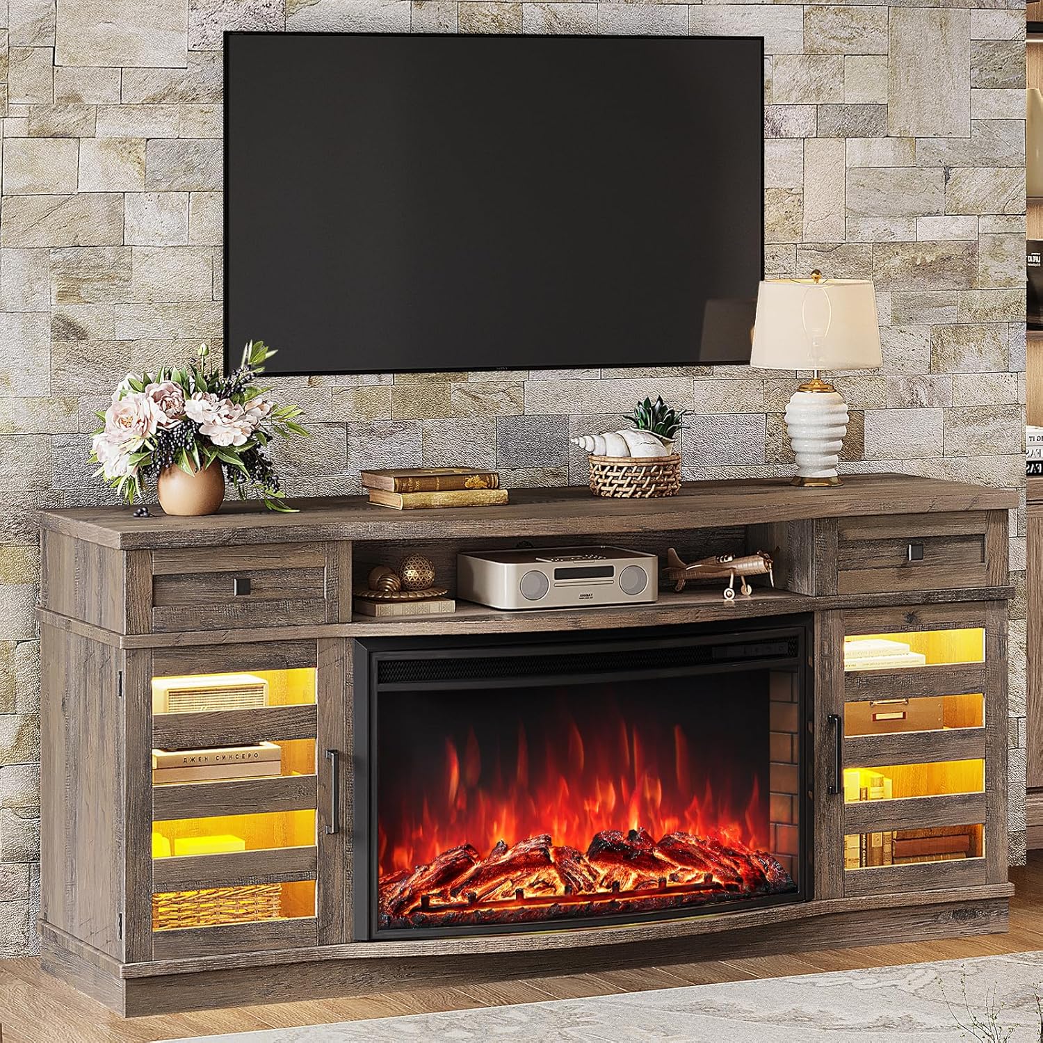70" Farmhouse Curved Fireplace TV Stand, LED Light Entertainment Center Table with 36'' Upgrade Electric Fireplace TV Console Cabinet for TVs Up to 80", Wash Grey