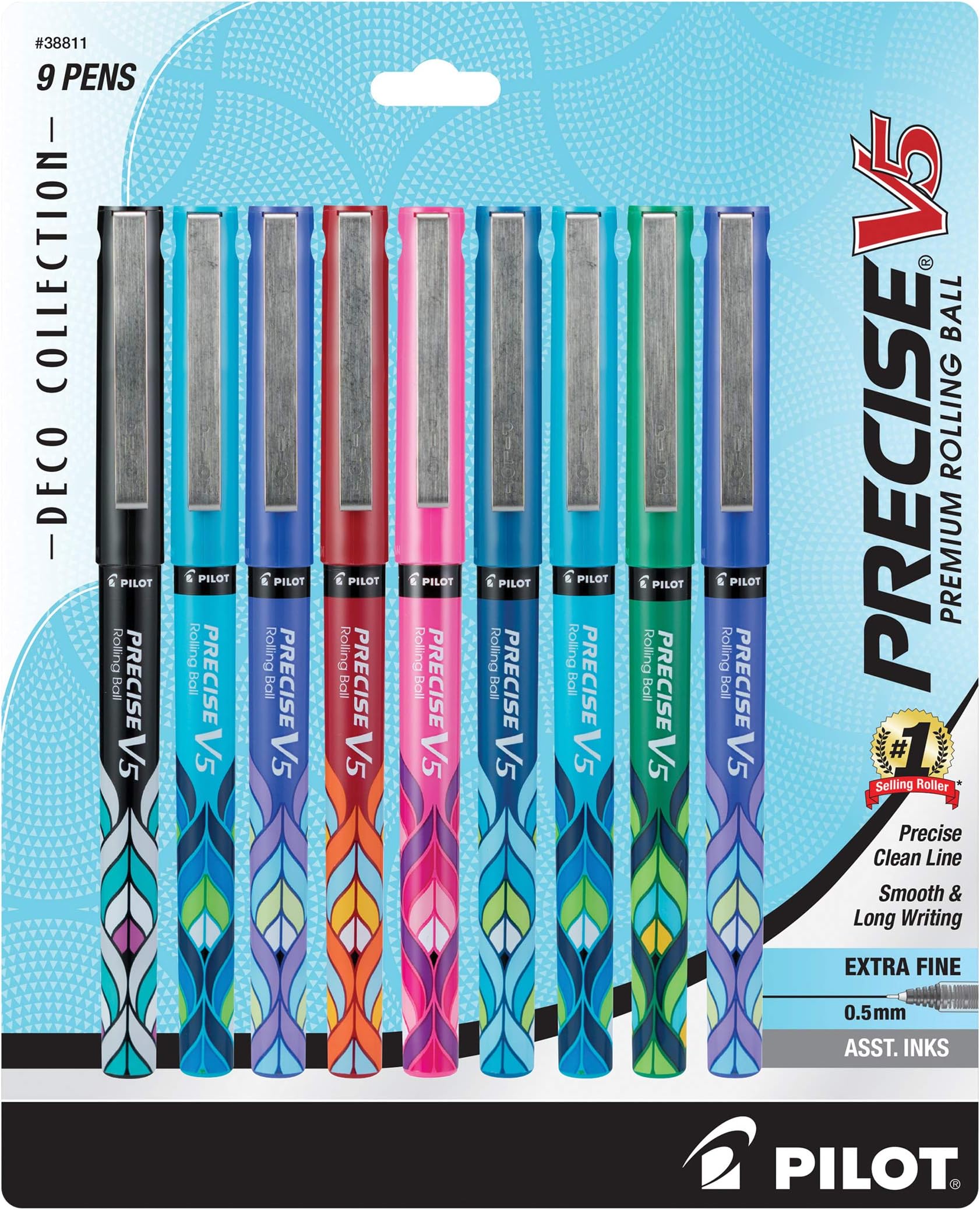 Precise V5 Stick Deco Collection Liquid Ink Rolling Ball Stick Pens, Extra Fine Point (0.5mm) Assorted Ink Colors, 9-Pack (38811)