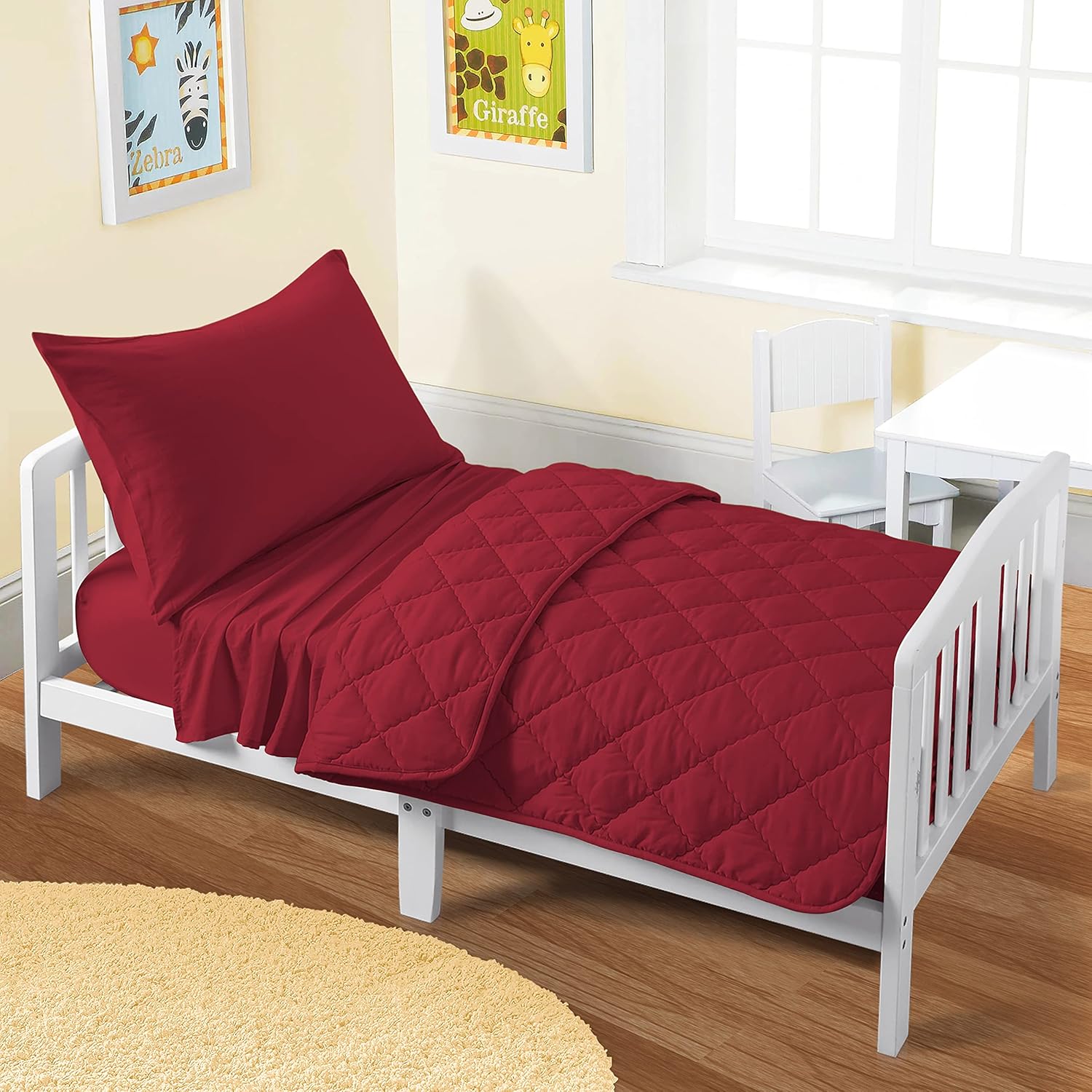 FLXXIE Toddler Bedding Set - 4 Piece Microfiber Crib Sheet Set, Crib Bedding Set Includes Quilted Comforter, Flat Top Sheet, Fitted Sheet, Envelope Pillow Case for Boys and Girls, Burgundy