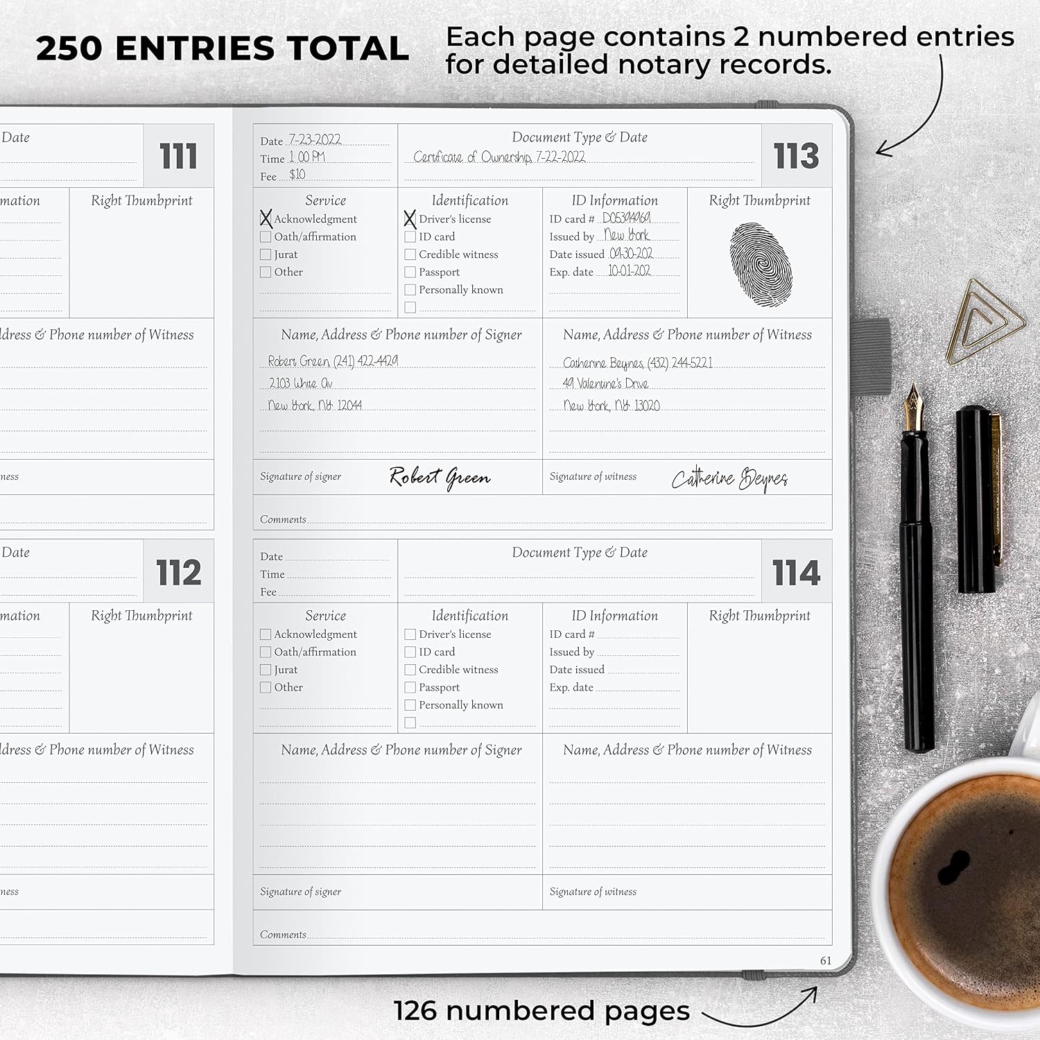 Legend Notary Journal – Hardcover Notary Log Book with Pre-Printed Entries – Notary Public Journal of Notarial Acts – Notary Supplies – 250 Entries, Numbered Pages, 7"x10" (Gray)
