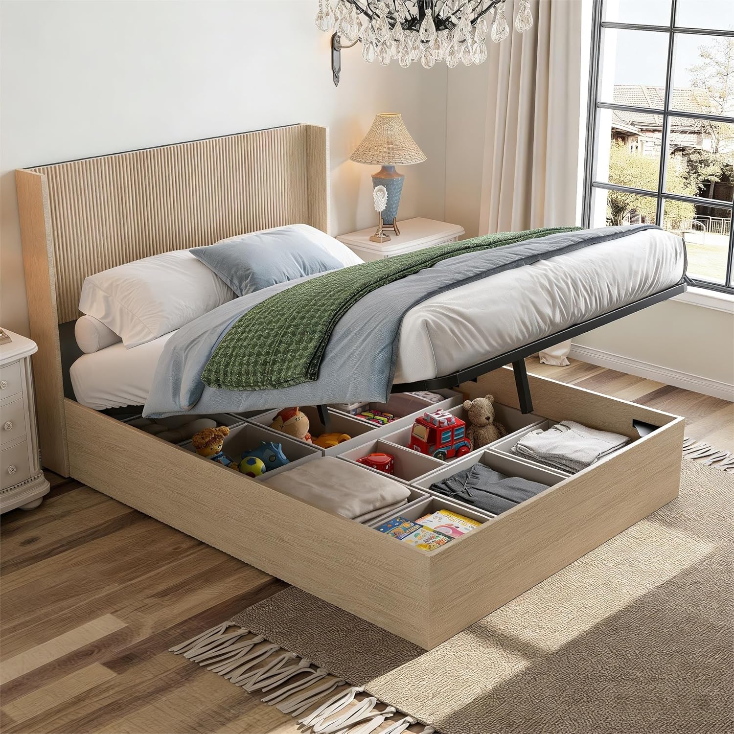 KEIKI Queen Size Lift Storage Bed Frame with Headboard, Hydraulic Gas Lift Platform Bed with Hidden Storage, Noise-Free Wood Bed Frame, Heavy Duty 1000 lbs, No Box Spring Needed, Oak
