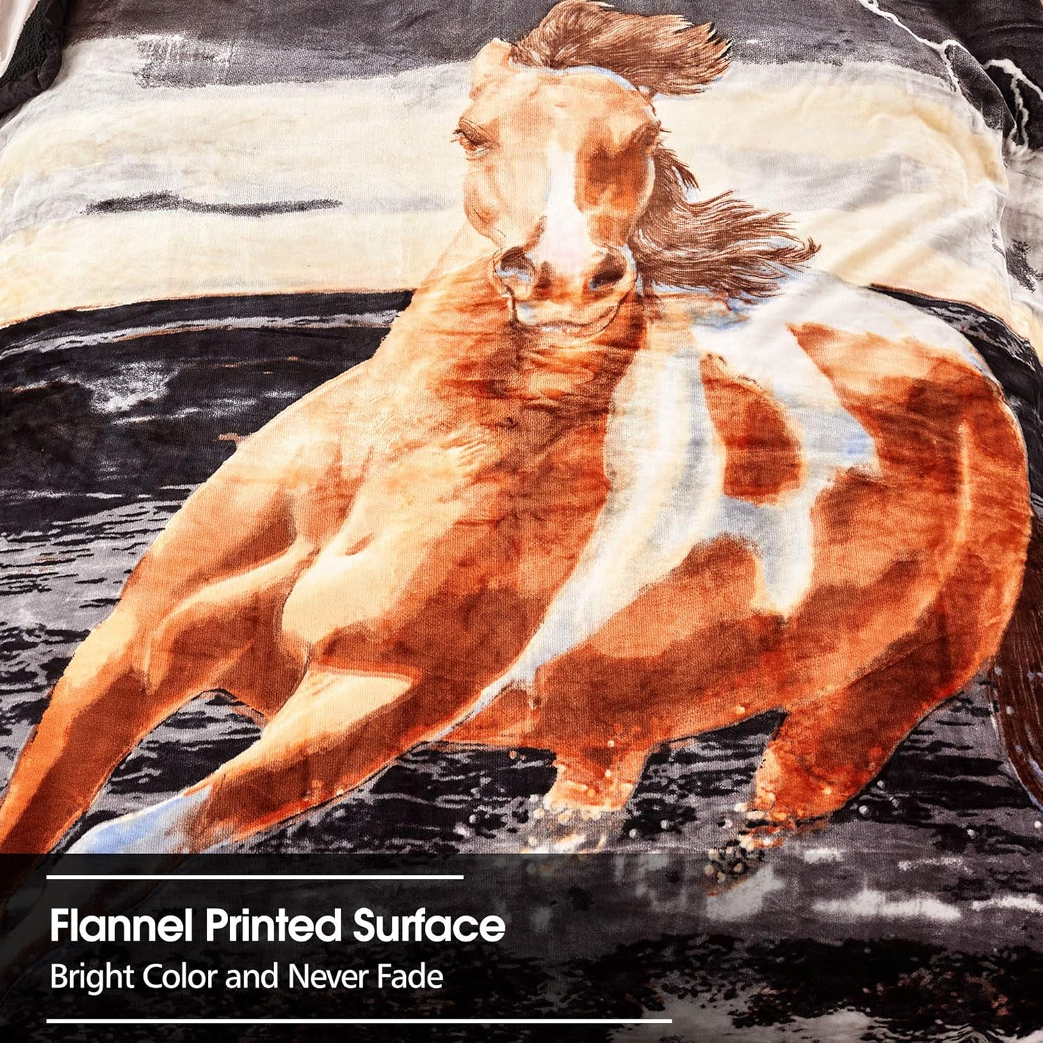 JML Sherpa Flannel Blanket with Pillow Shams, 3-Ply, Soft, Warm, Korean Style Printed Bed Blanket, Horse