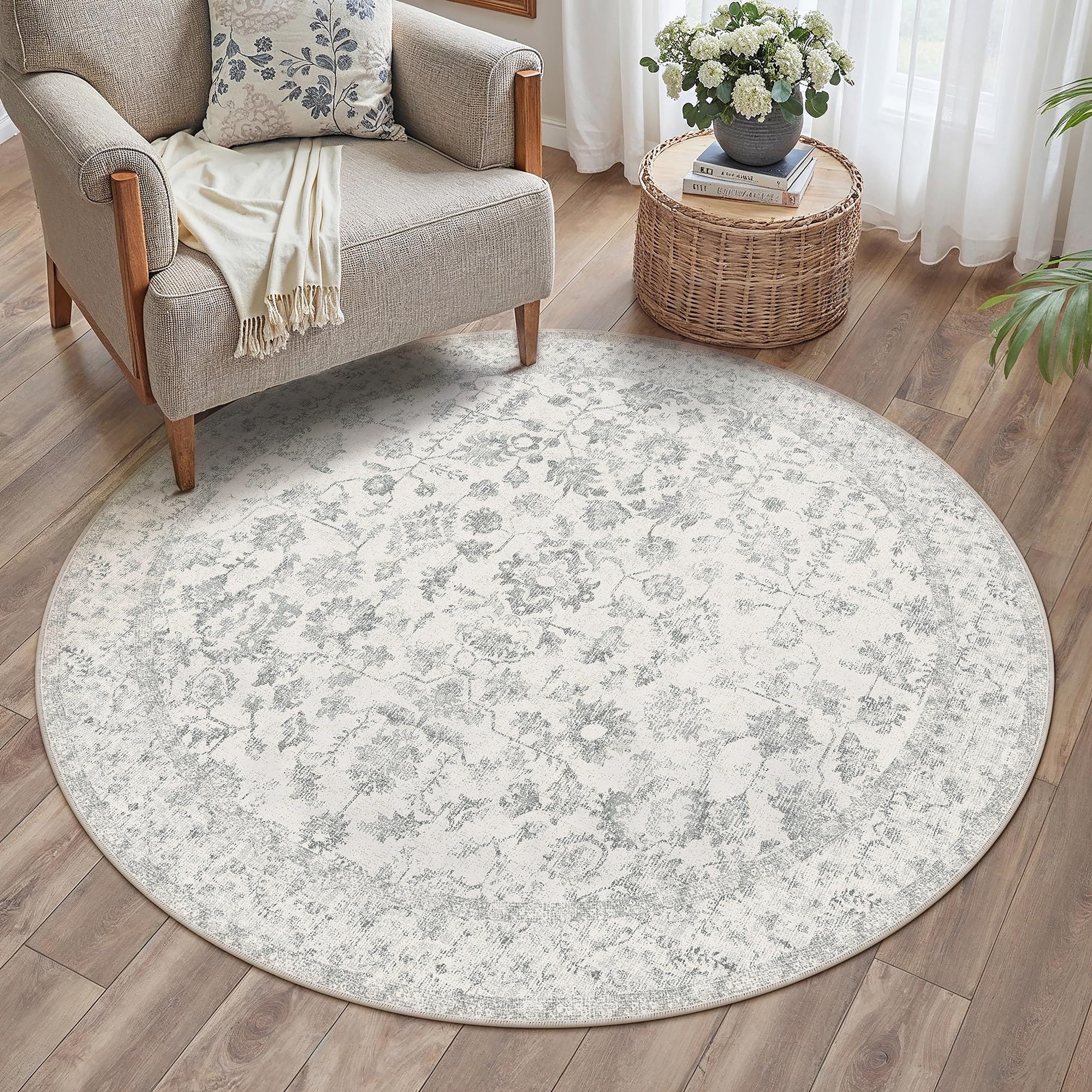 PureCozy Vintage Waschbarer Grau Teppich klein Carpet Kurzflor rutschfest Boho Rug