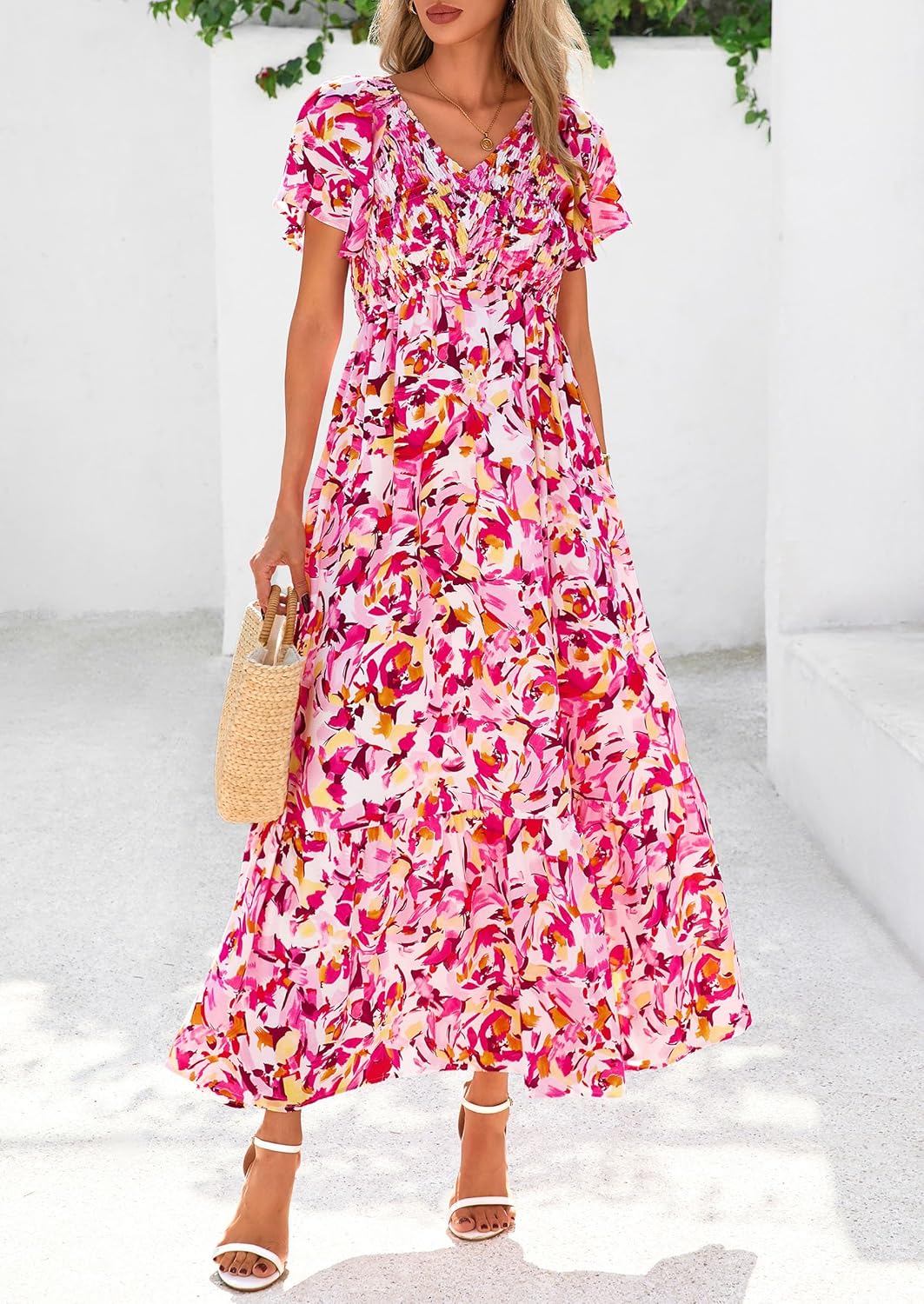 PRETTYGARDEN Boho Dresses for Women 2026 Summer Floral Short Sleeve V Neck Smocked Flowy Beach Vacation Maxi Dress - Image 3