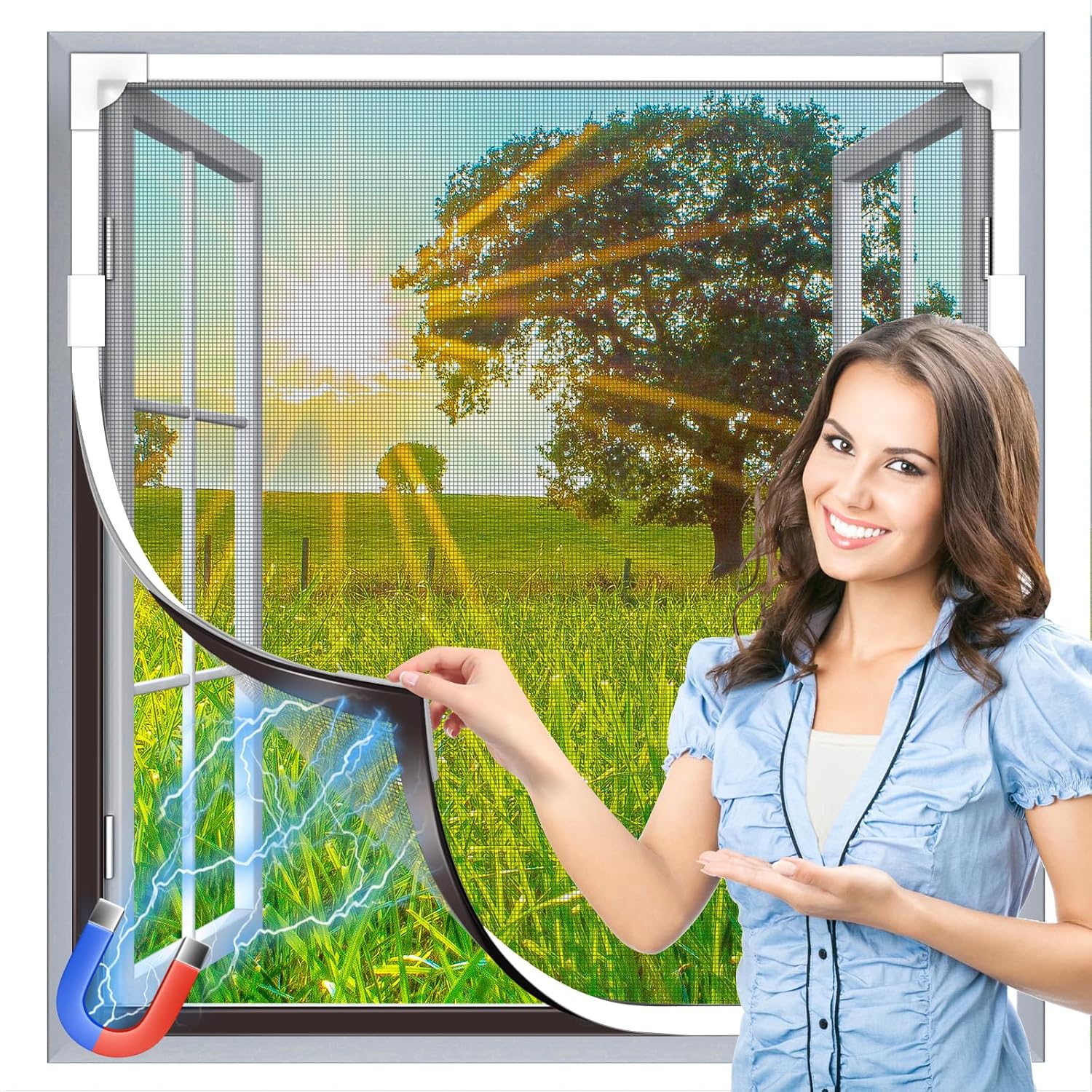 Window Screen Adjustable Magnetic Window Screen Replacement Max 43” x 71”, DIY Fiberglass Mesh Window Screens for House Windows White Frame Grey Mesh