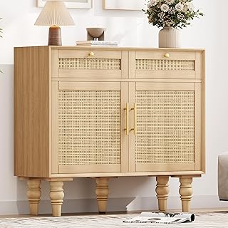 35.4" Rattan Buffet Sideboard Cabinet with Storage, Boho Buffet Table with Adjustable Shelf &