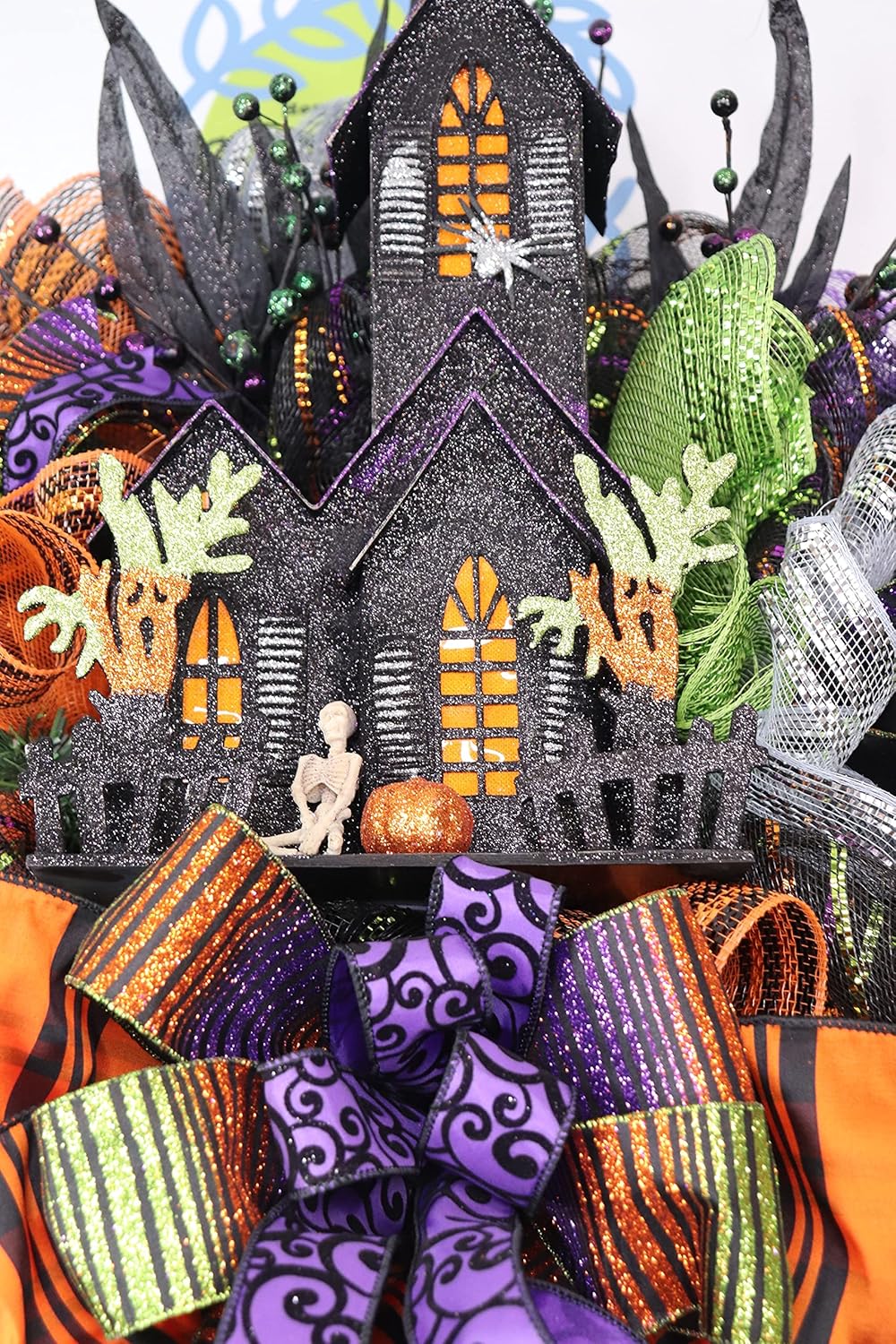 Halloween Lighted House Wreath Orange Green Purple, Haunted