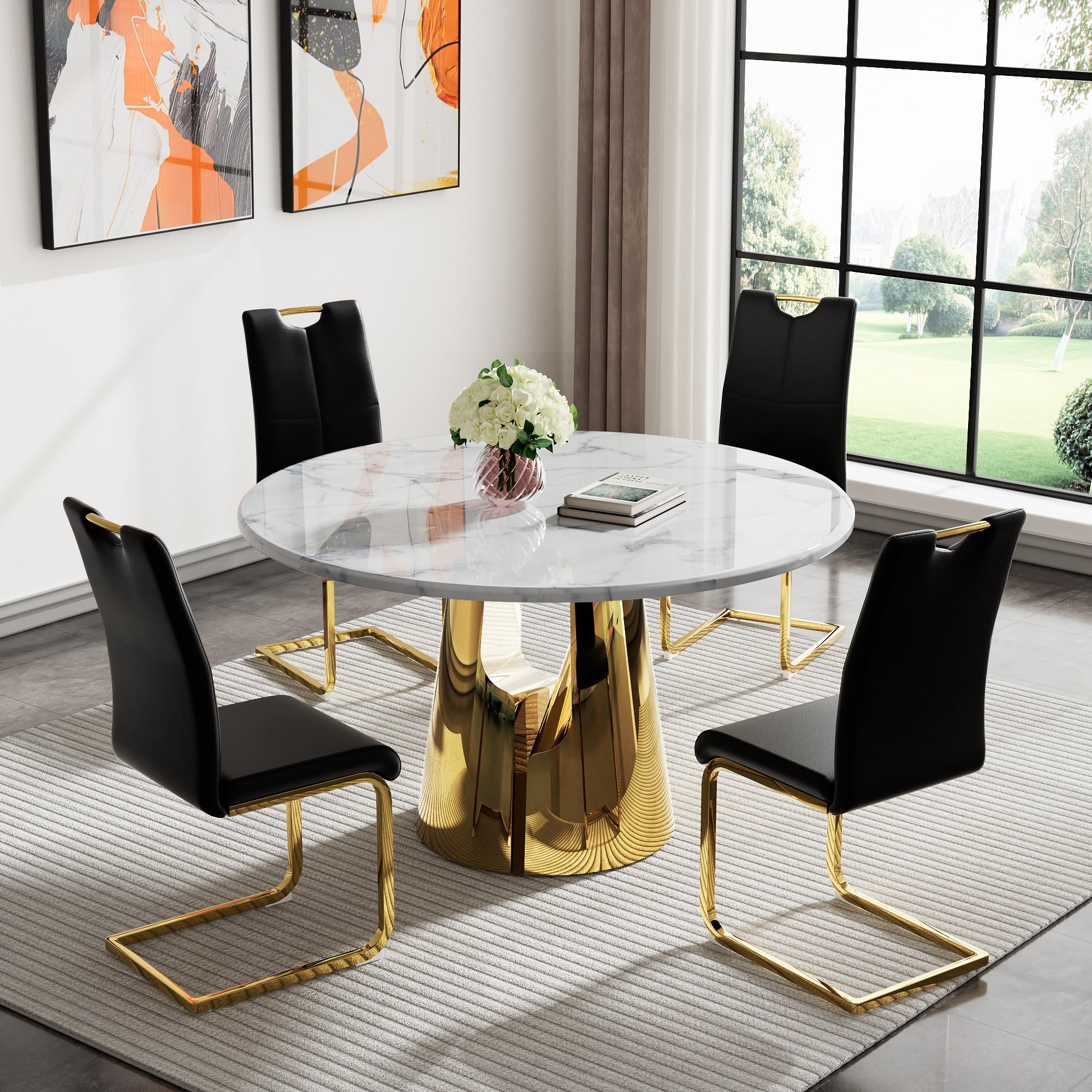 Amazon.com - KUVADAZ 47.25" Modern White Gold Faux Marble Dining Room Table Set for 4, 5-Piece ...