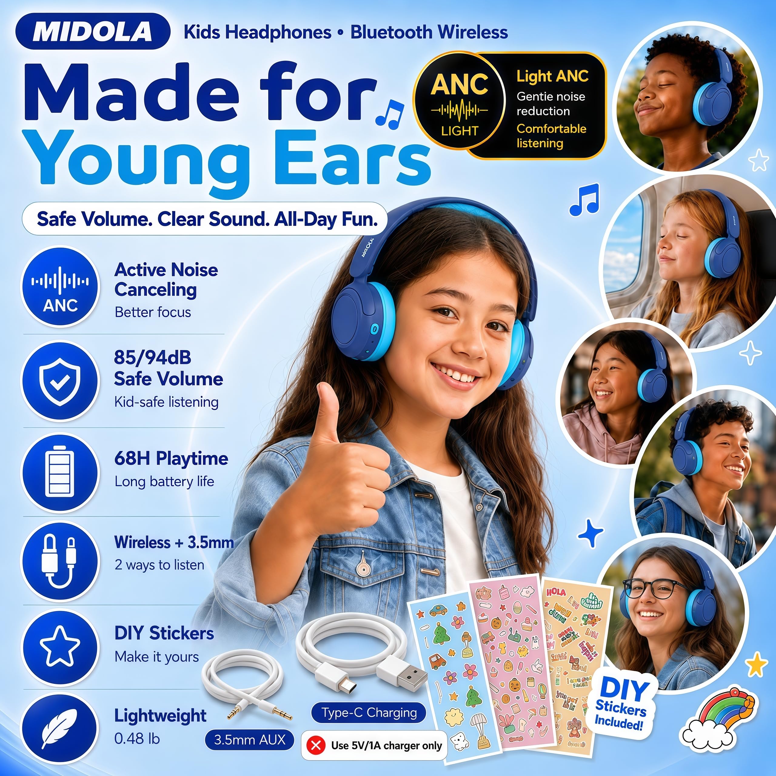 MIDOLA Auriculares inalámbricos Bluetooth para niños, volumen limitado, 85/110 dB, plegables, protección contra el ruido, cable en línea, micrófono auxiliar de 3,5 mm, para niños, niñas, tabletas