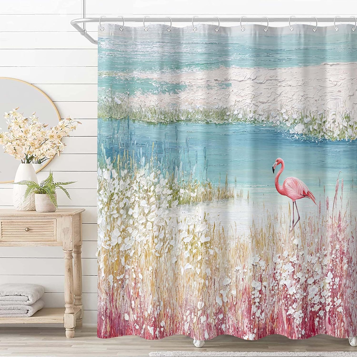 Rexful Flamingo Shower Curtain Sets Watercolour Style Wetland Shower Curtains for Bathroom Pink Summertime Flowers Tropical Beach Decor Waterproof Fabric 72 x 72 inch with 12 Hooks (Red)