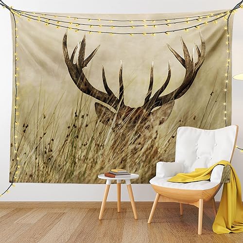 Miniatura 9 de Ambesonne Tapiz de cornamentas, cervatillo de ciervo de cola blanca en el desierto en el campo, tema de caza rural, colgante de pared