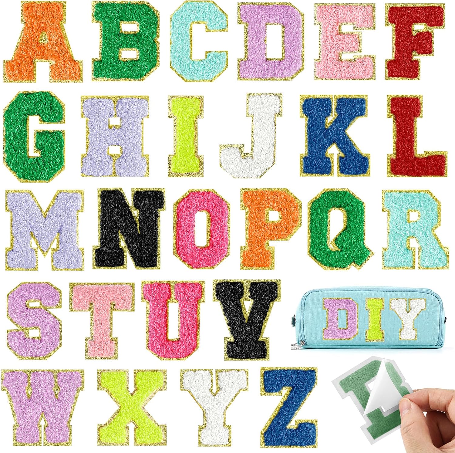 26Pcs Multicolor Chenille Letters A-Z, Self Adhesive Chenille Letter Patches for Fabric Clothing