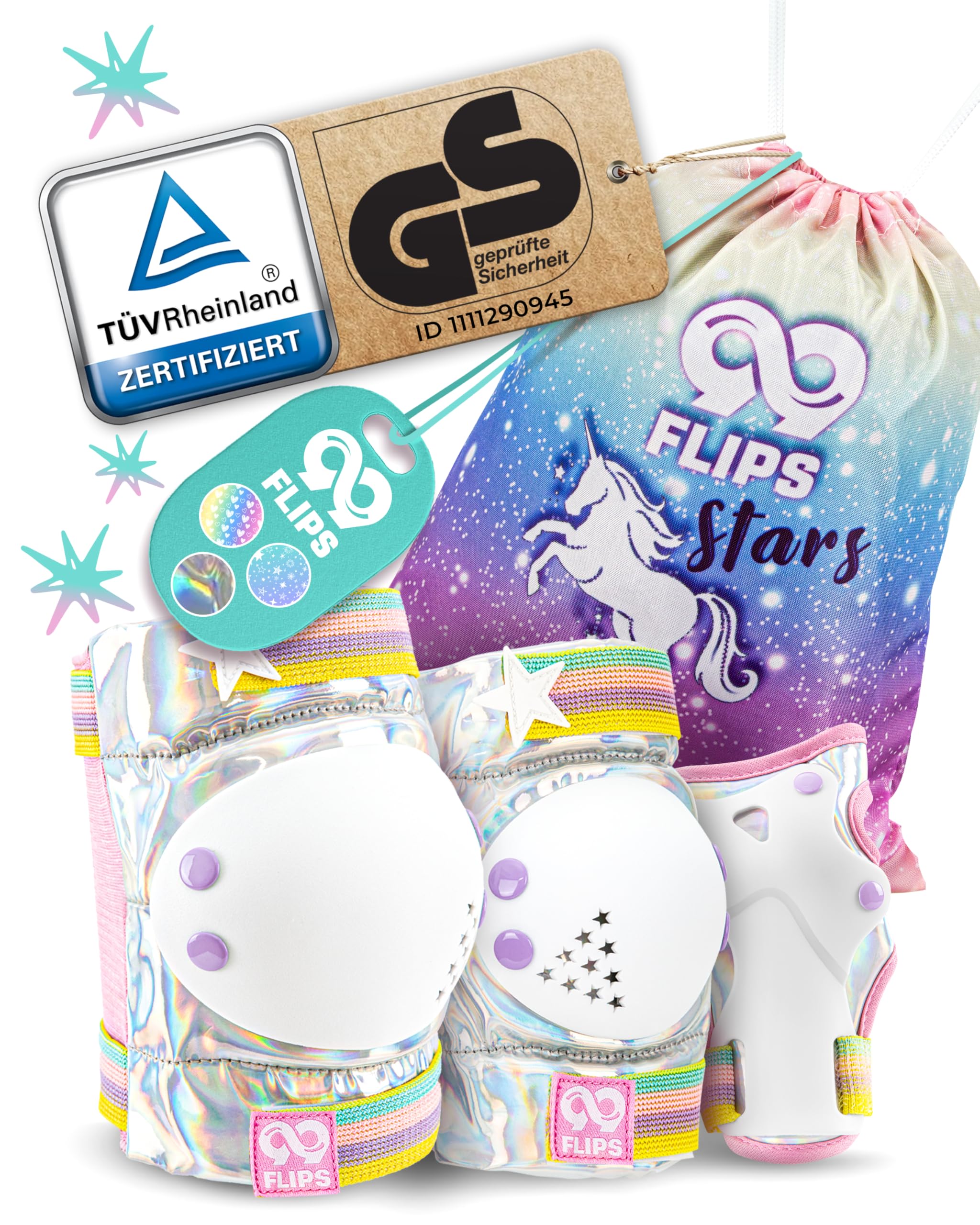 99FLIPS Inliner Schoner Kinder Set - TÜV Rheinland GS Zertifiziert [6er Set] mit Einhorn Beutel für Skateboard und Inline Skates - Knieschoner, Ellenbogen Schoner und Handschützer