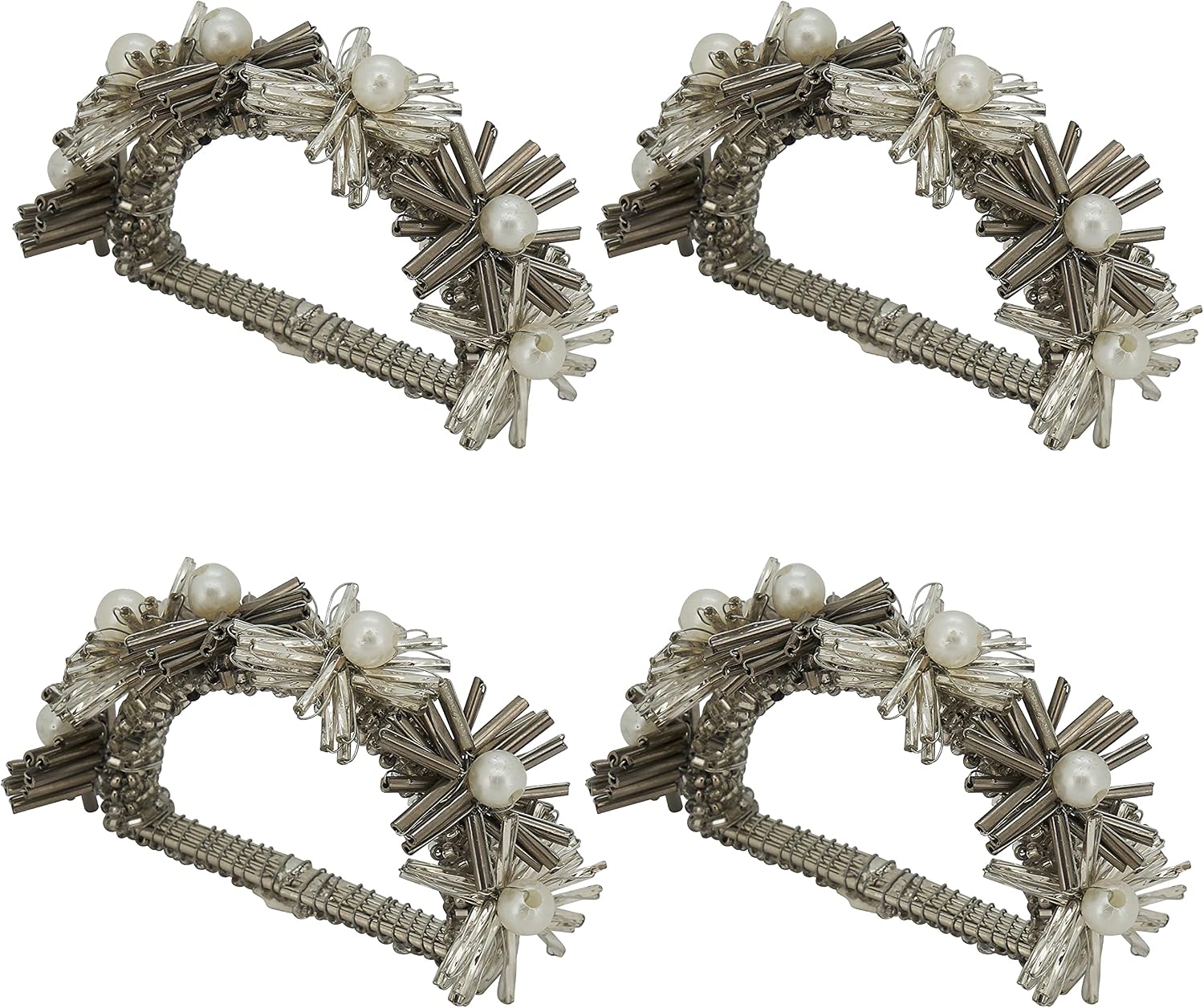 SARO LIFESTYLE Collection Beaded Flowers Design Napkin Rings (Set of 4), 1.5", Silver